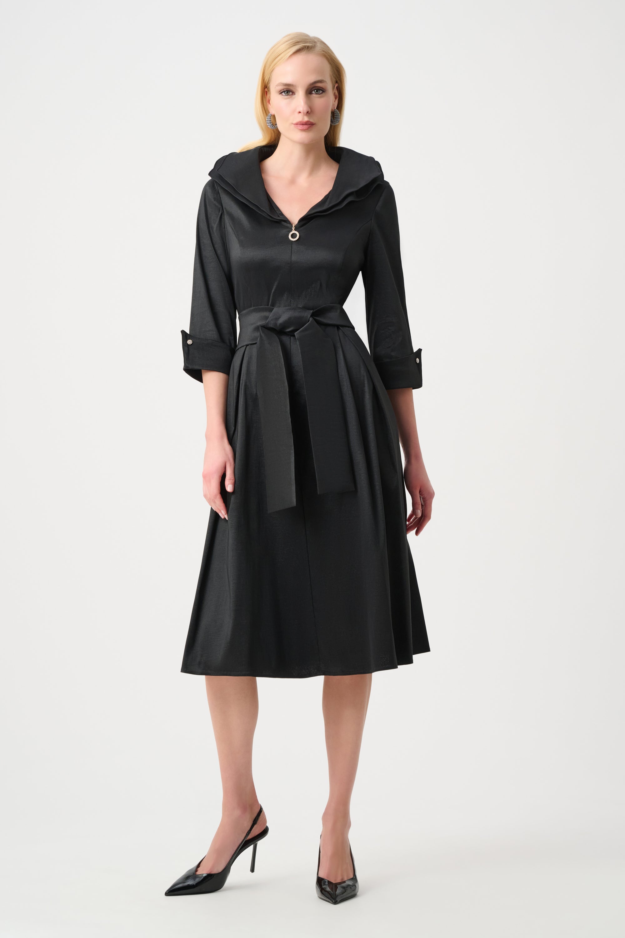 Signature | Stretch Taffeta Fit And Flare Dress With Lapel Collar