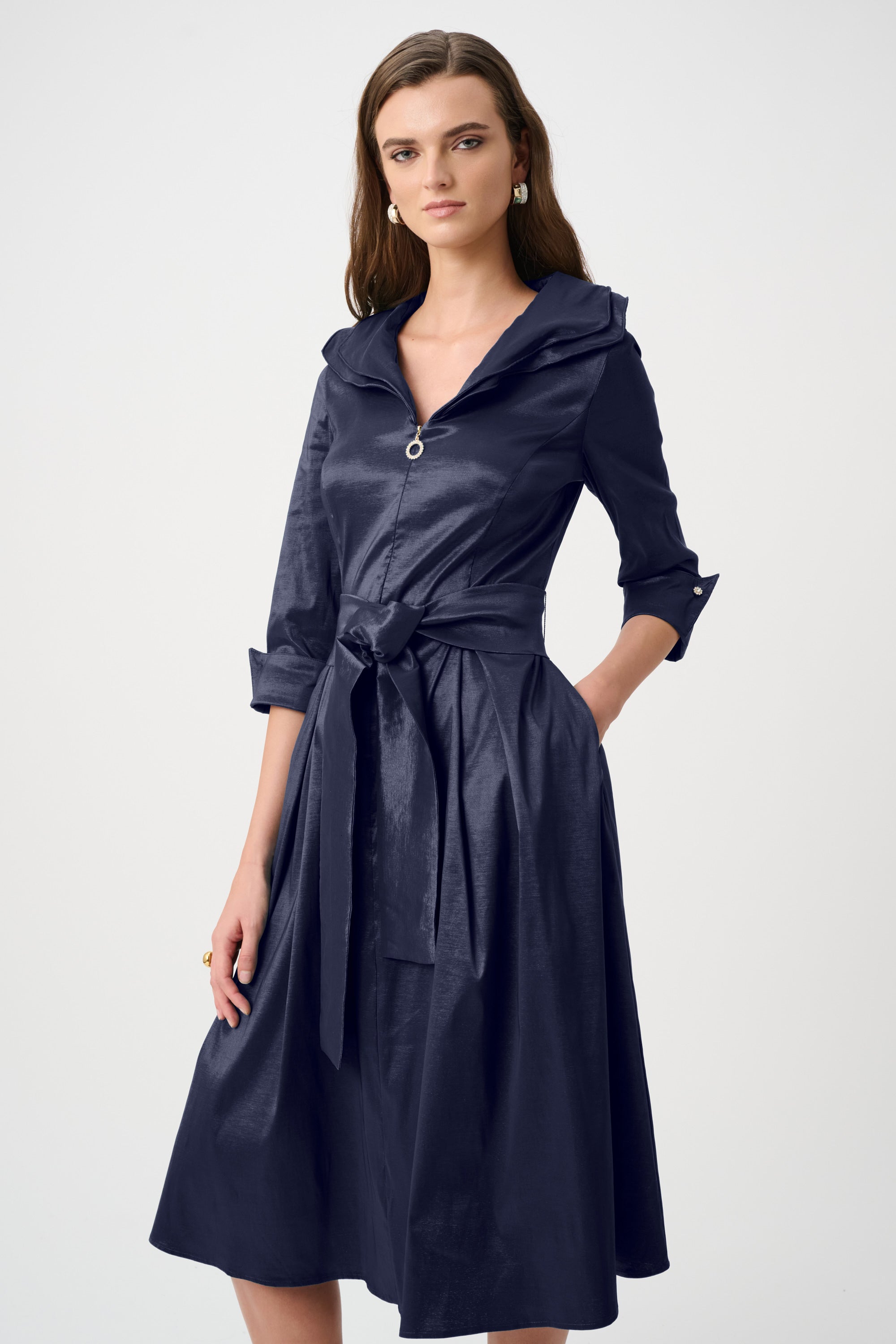 Joseph Ribkoff Signature | Stretch Taffeta Fit And Flare Dress With Lapel Collar-261719F26, Midnight Blue