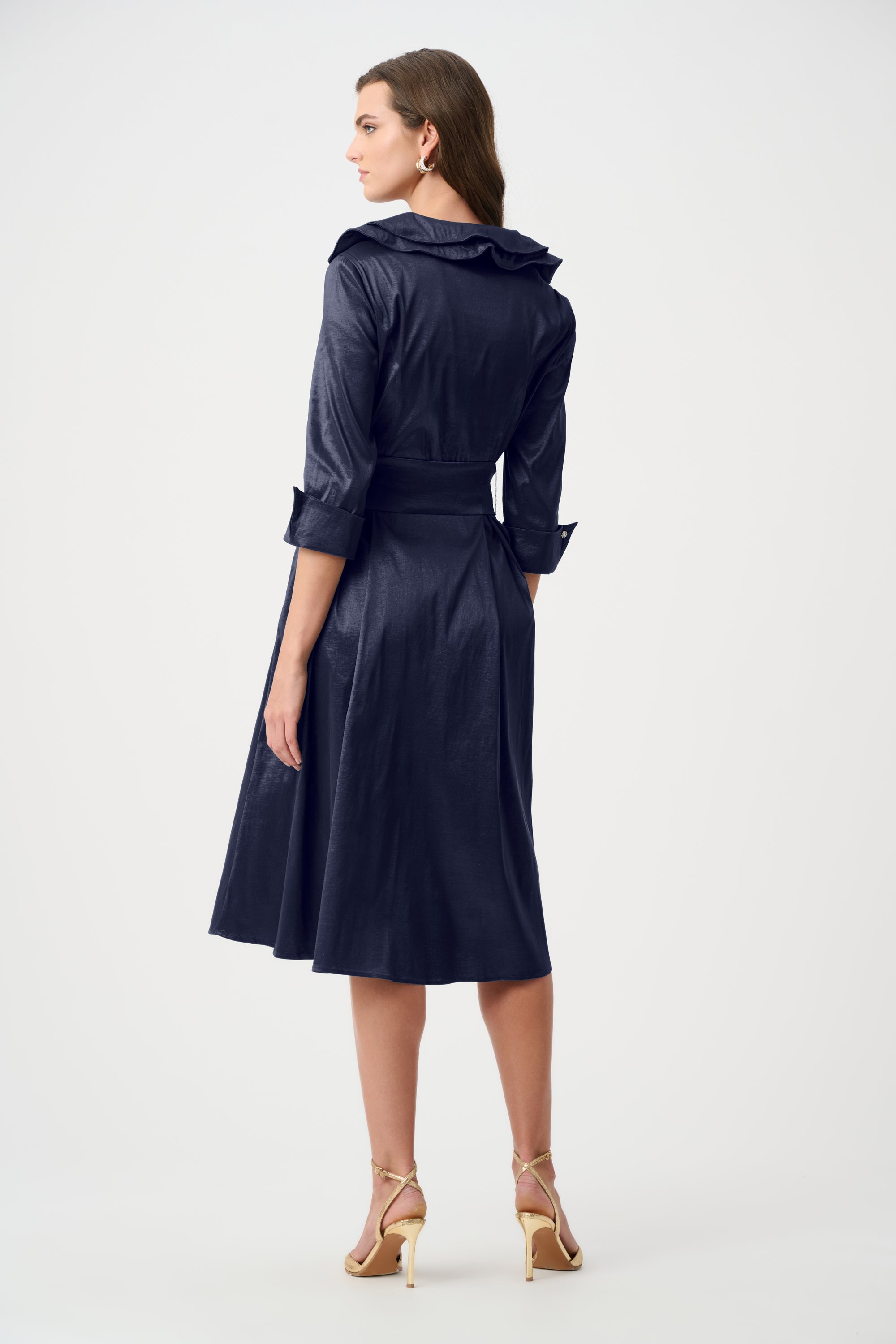 Joseph Ribkoff Signature | Stretch Taffeta Fit And Flare Dress With Lapel Collar-261719F26, Midnight Blue