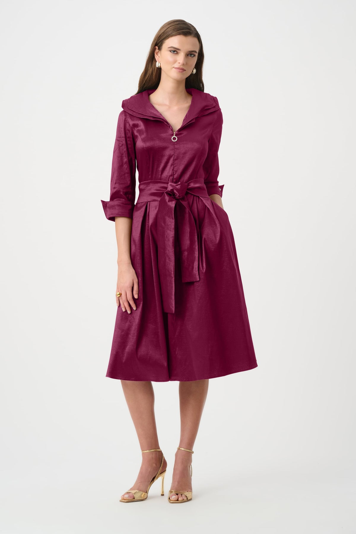 Joseph Ribkoff Signature | Stretch Taffeta Fit And Flare Dress With Lapel Collar-261719F26, Berry Burst