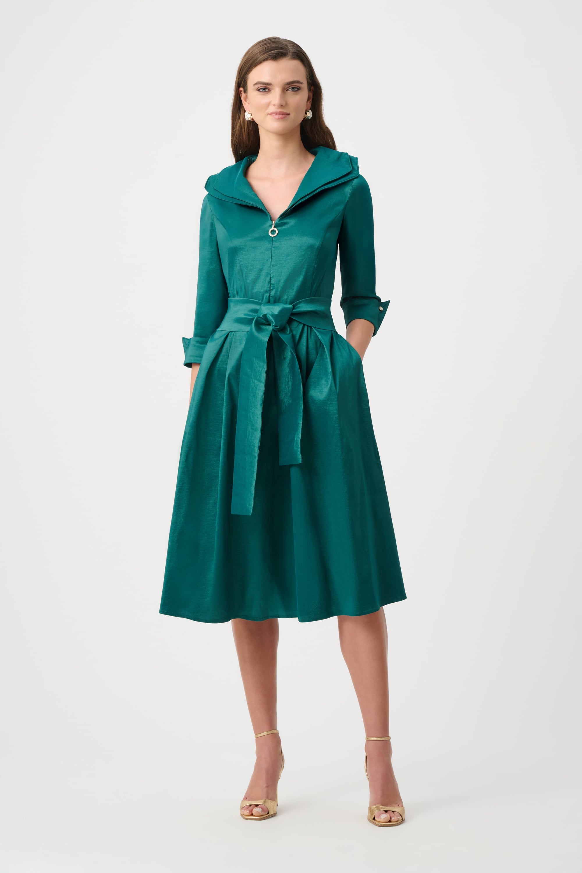 Signature | Stretch Taffeta Fit And Flare Dress With Lapel Collar