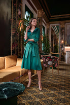 Joseph Ribkoff Signature Stretch Taffeta Fit And Flare Dress With Lapel Collar | Unique Apparel USA