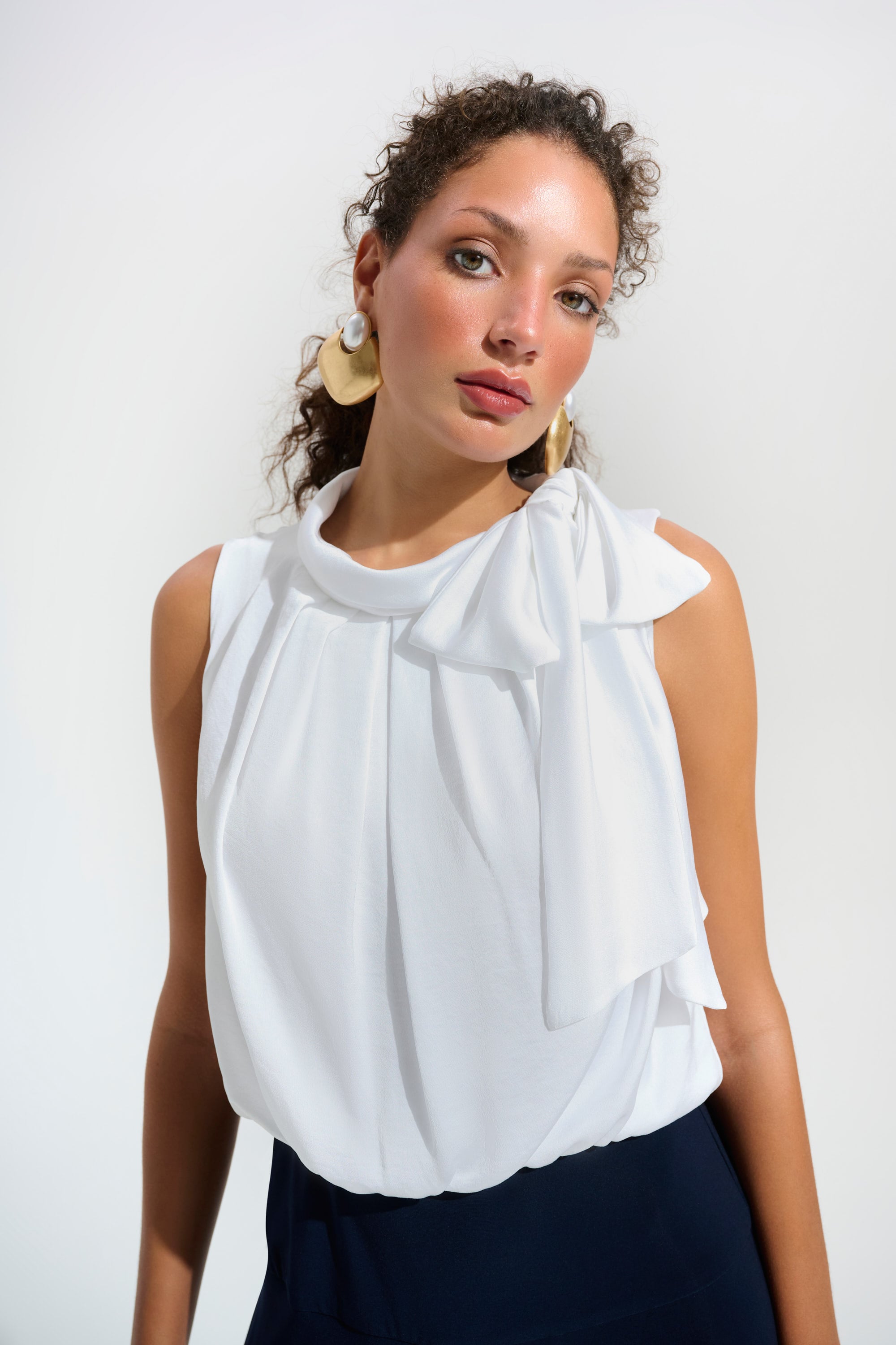 Signature | Silky Knit And Satin Wide Leg Jumpsuit With Contrast Bodice And Neck Bow Tie
