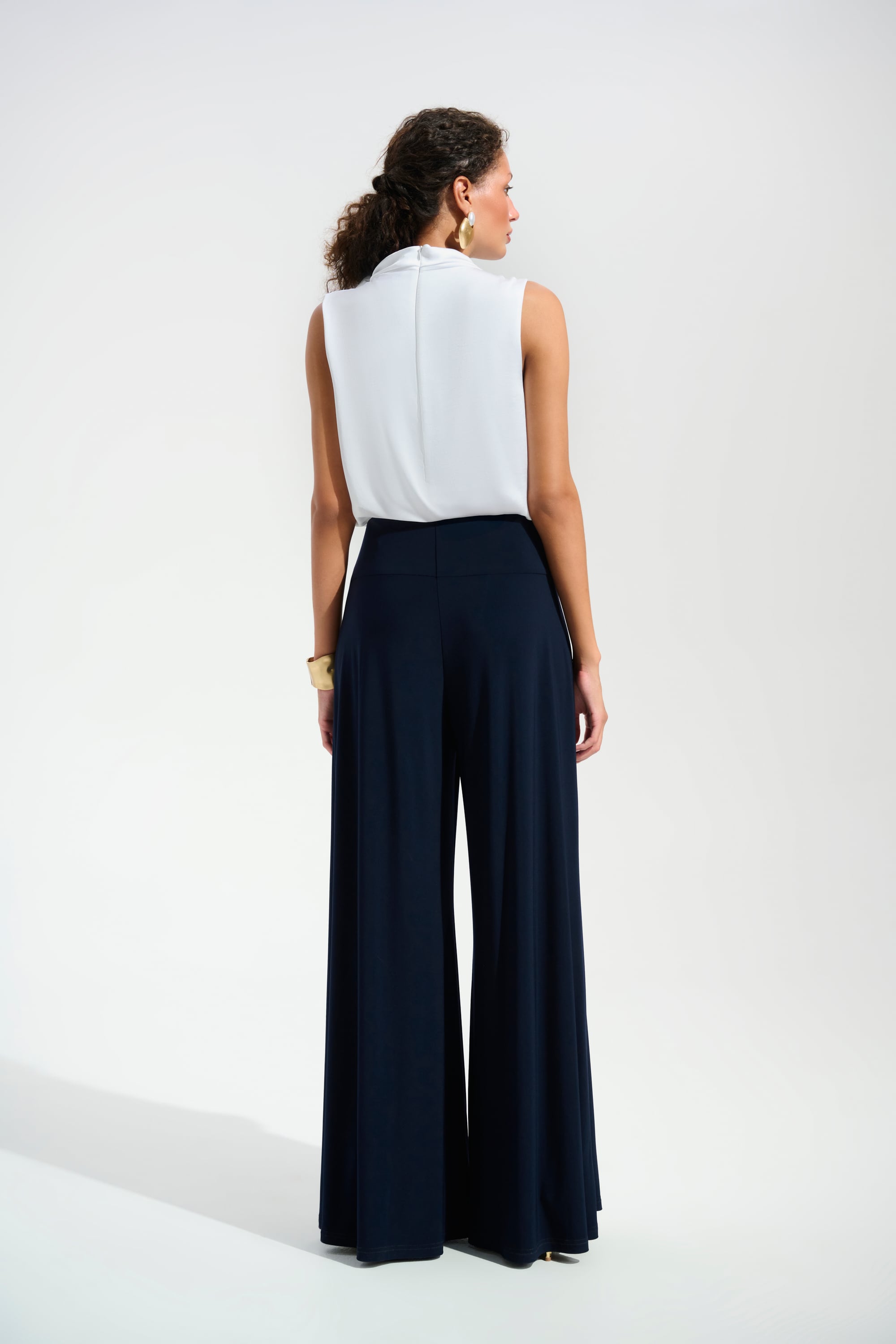 Signature | Silky Knit And Satin Wide Leg Jumpsuit With Contrast Bodice And Neck Bow Tie