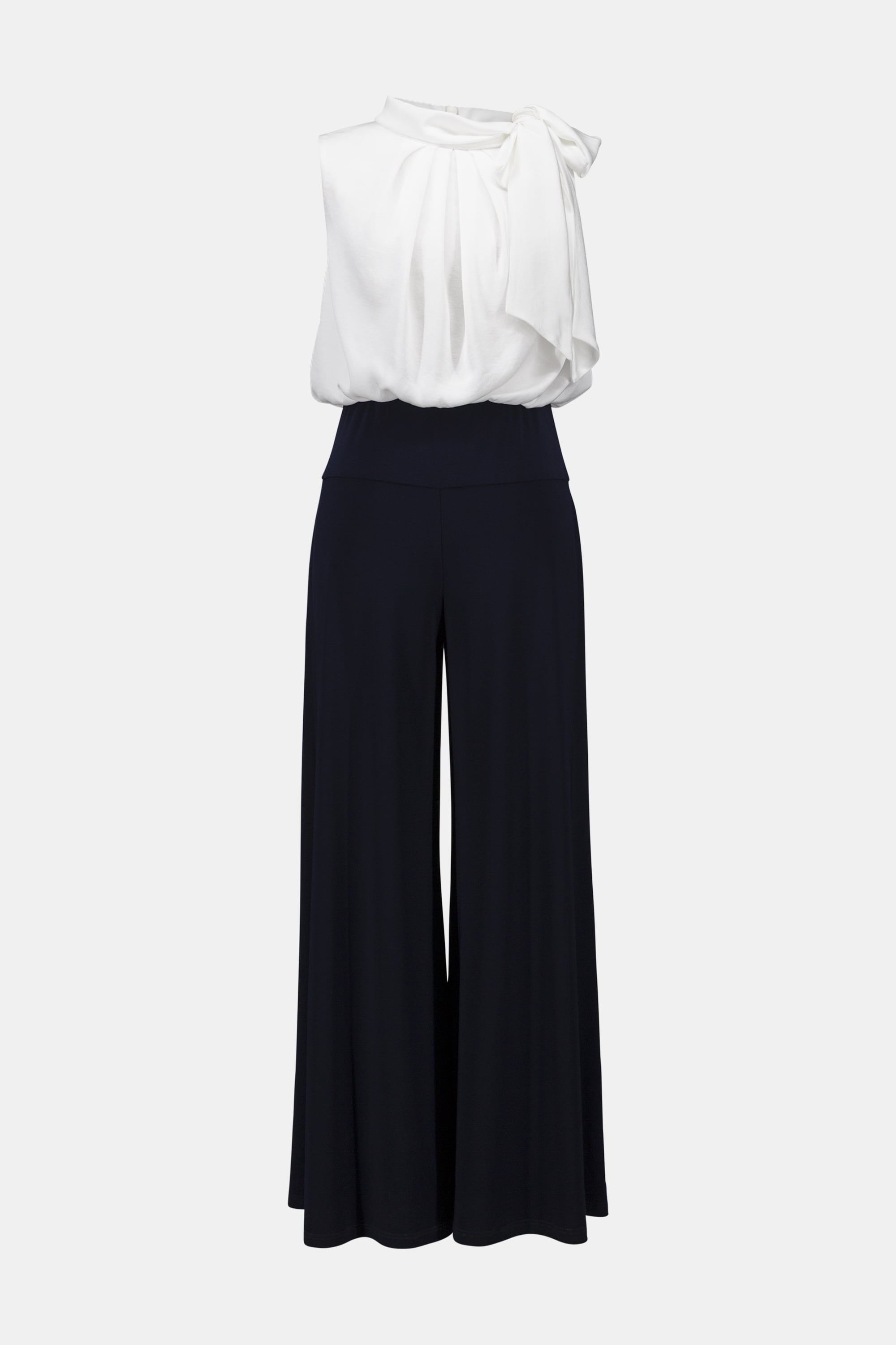 Signature | Silky Knit And Satin Wide Leg Jumpsuit With Contrast Bodice And Neck Bow Tie