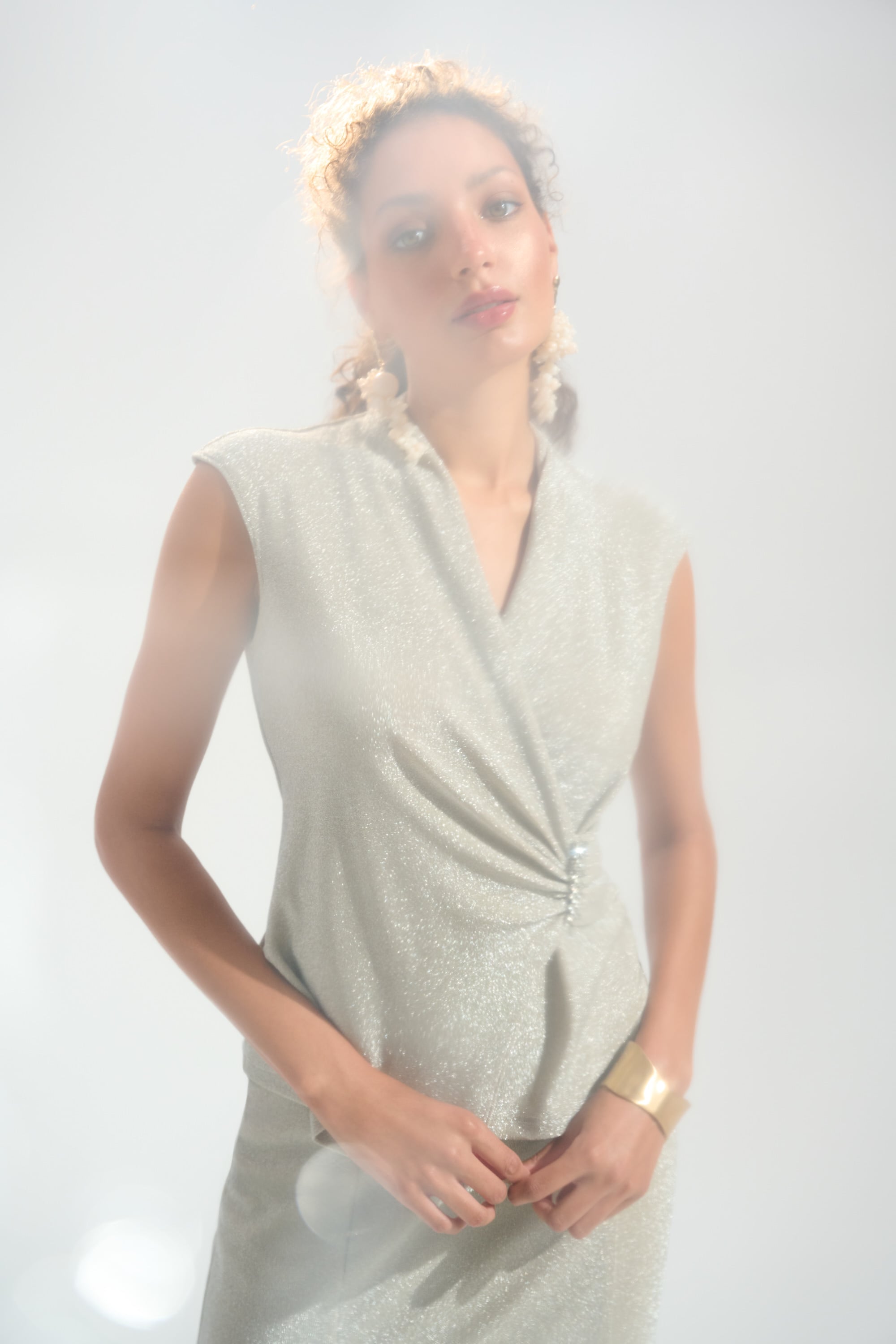 Signature | Sparkle Knit Wrap Top With Rhinestones Ornament