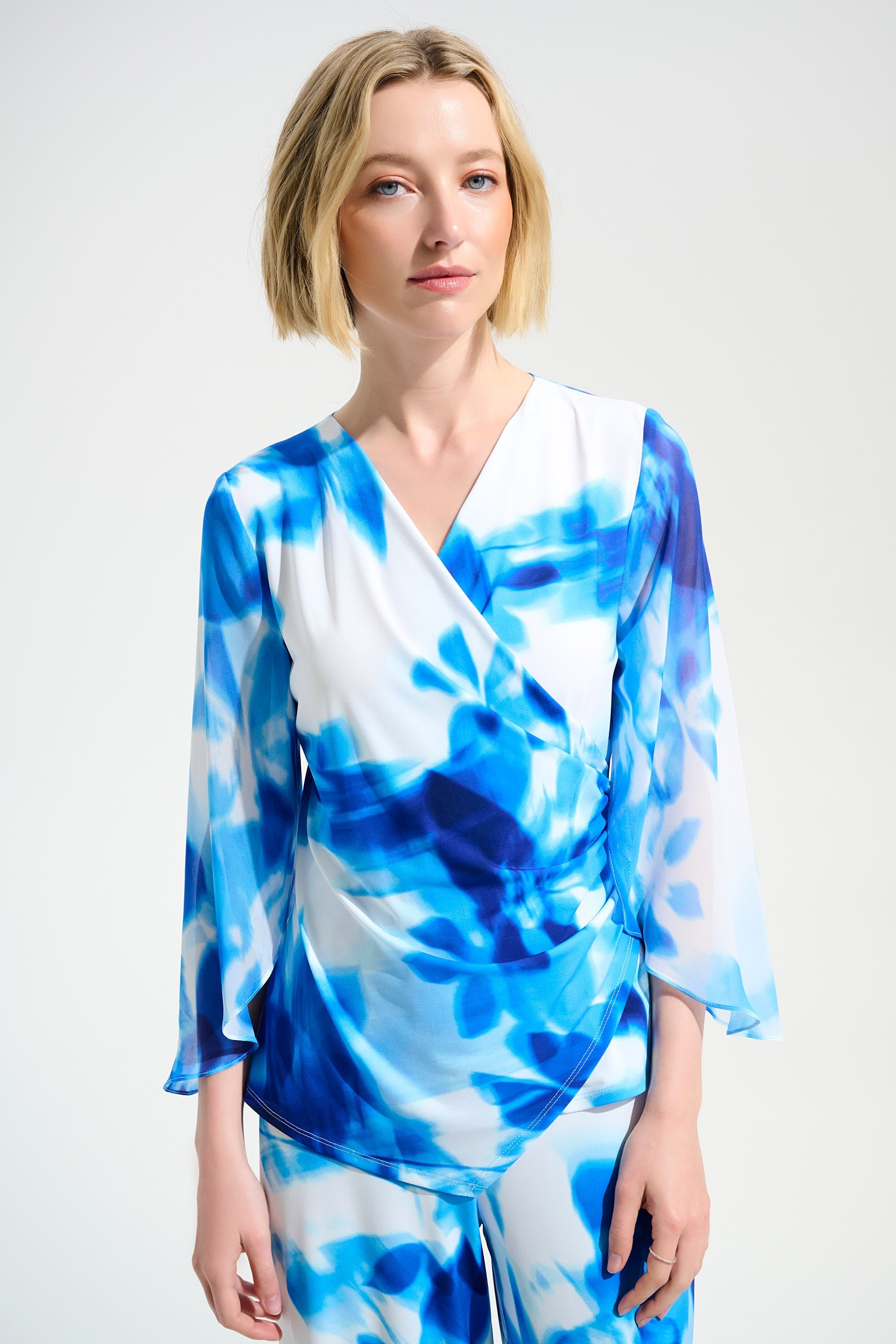 Signature | Silky Knit Floral Print Wrap Top With Chiffon Sleeves