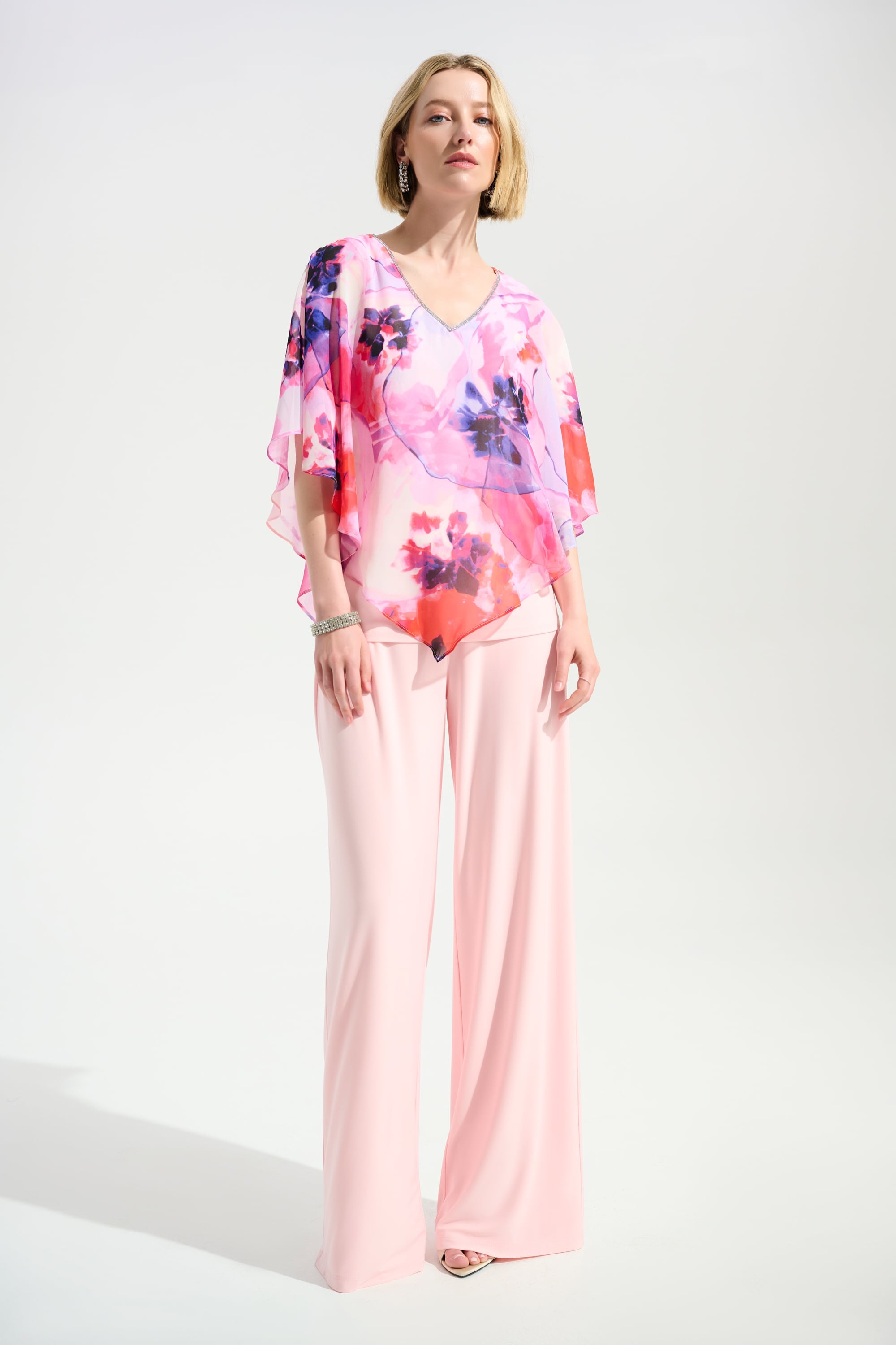 Signature | Silky Knit Floral Print Poncho With Chiffon Layer