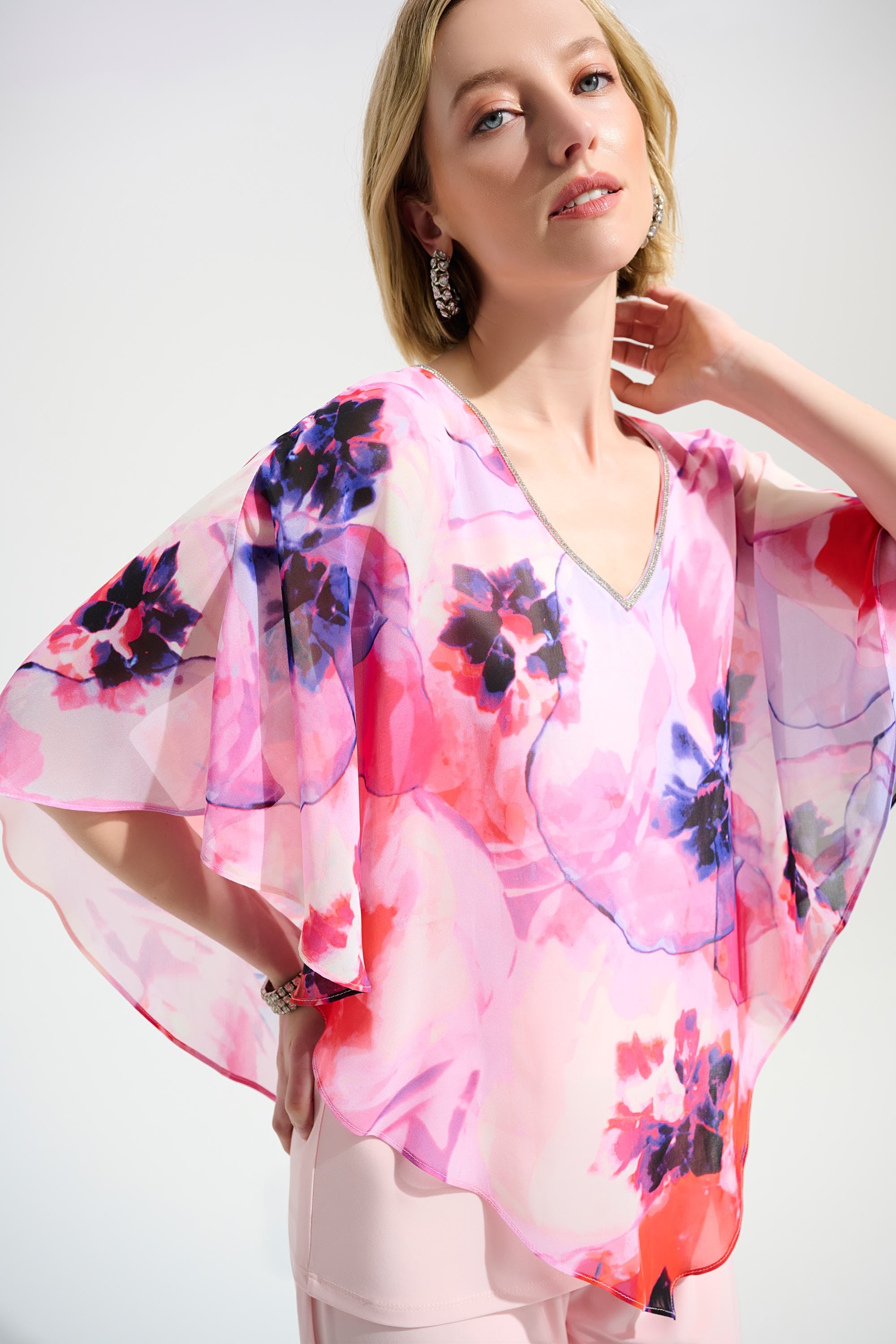 Signature | Silky Knit Floral Print Poncho With Chiffon Layer