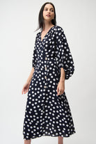 Georgette Dot Print Wrap Dress With Puff Sleeves