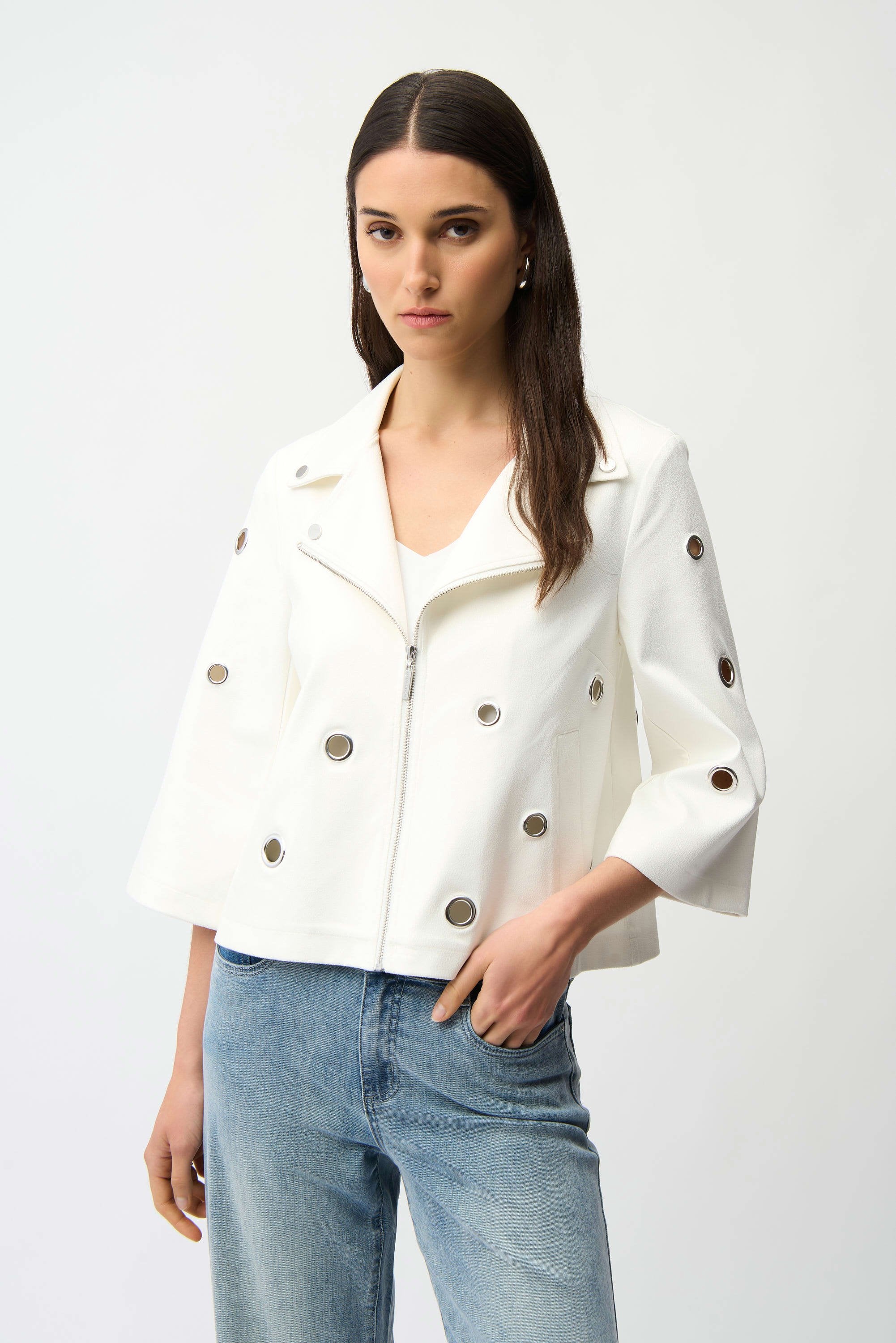 Joseph Ribkoff Foiled Faux Suede Swing Jacket With Grommets-261905