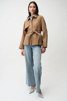 Cotton Twill Short Trench with Belt and Rhinestones Detail