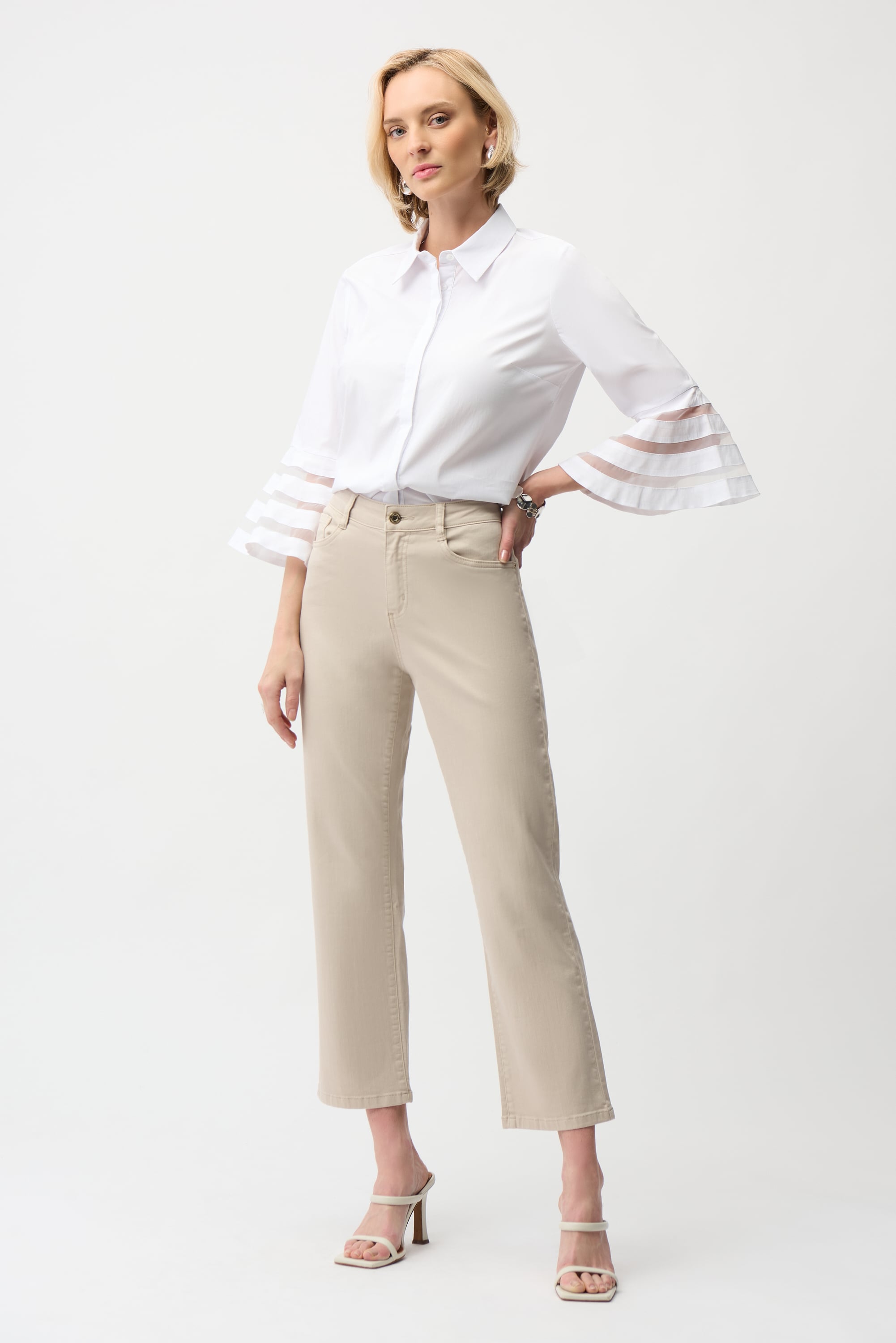 Stretch Poplin Straight Blouse with Organza Bell Sleeves