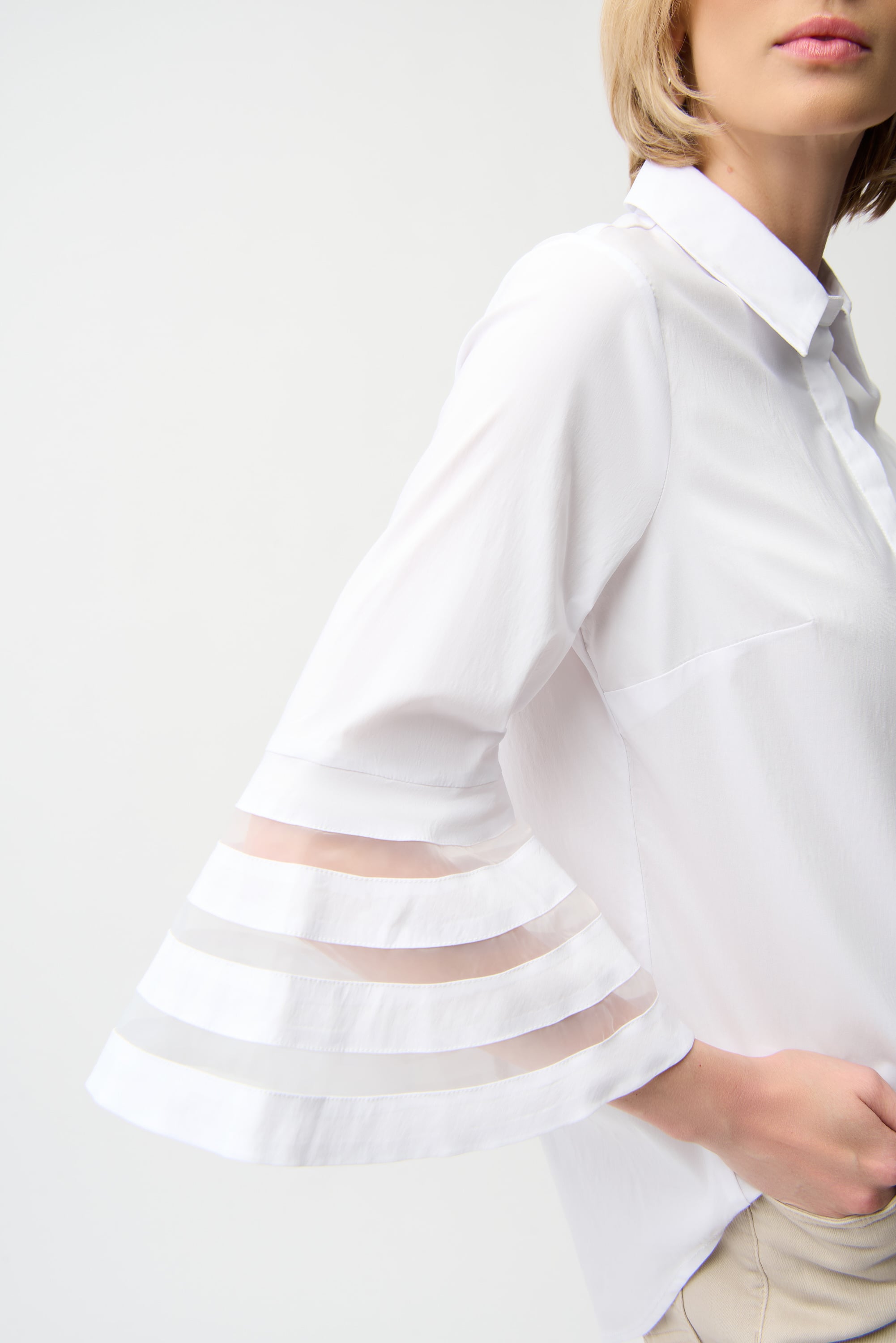Stretch Poplin Straight Blouse with Organza Bell Sleeves