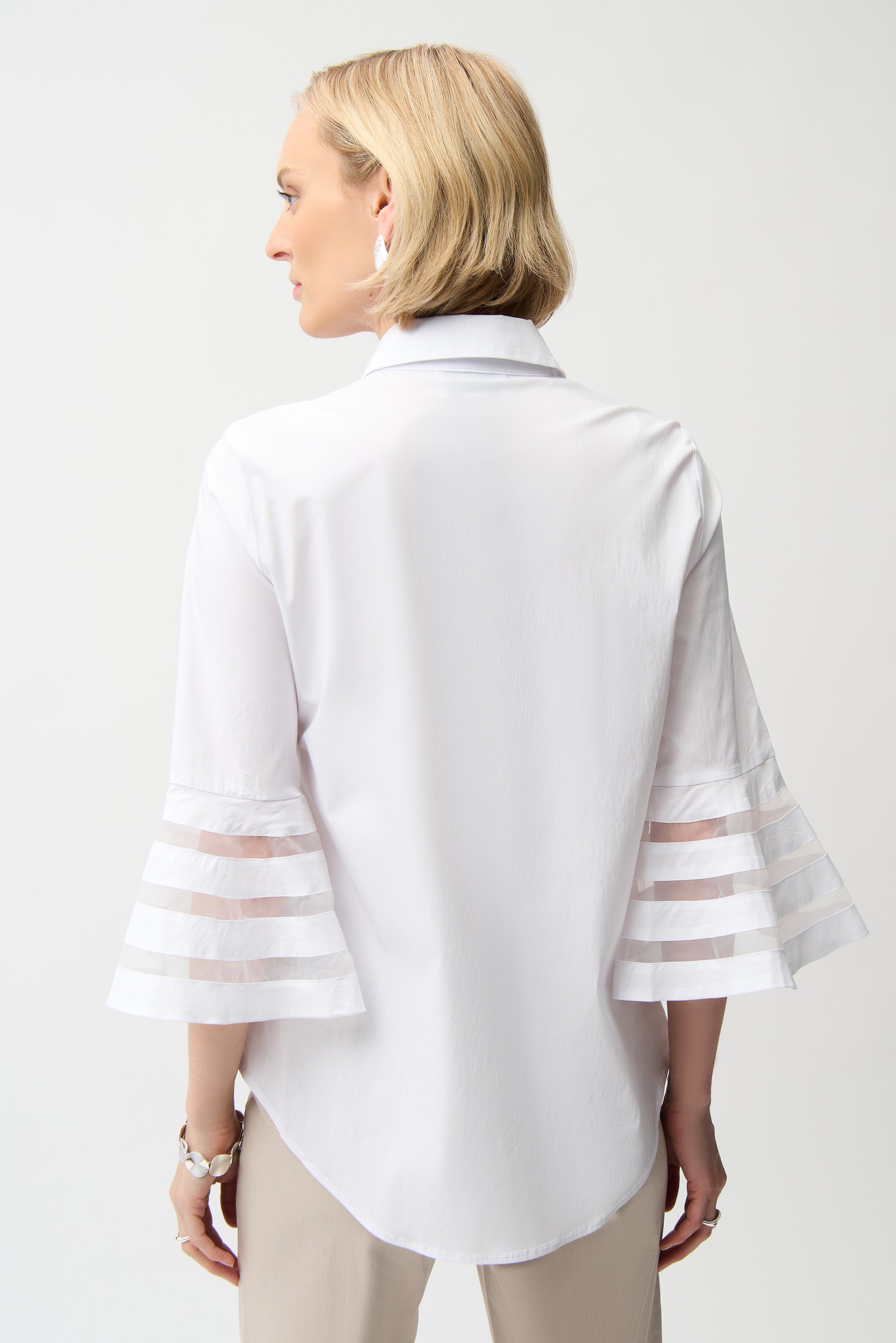 Stretch Poplin Straight Blouse with Organza Bell Sleeves