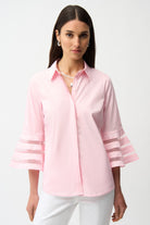 Stretch Poplin Straight Blouse with Organza Bell Sleeves
