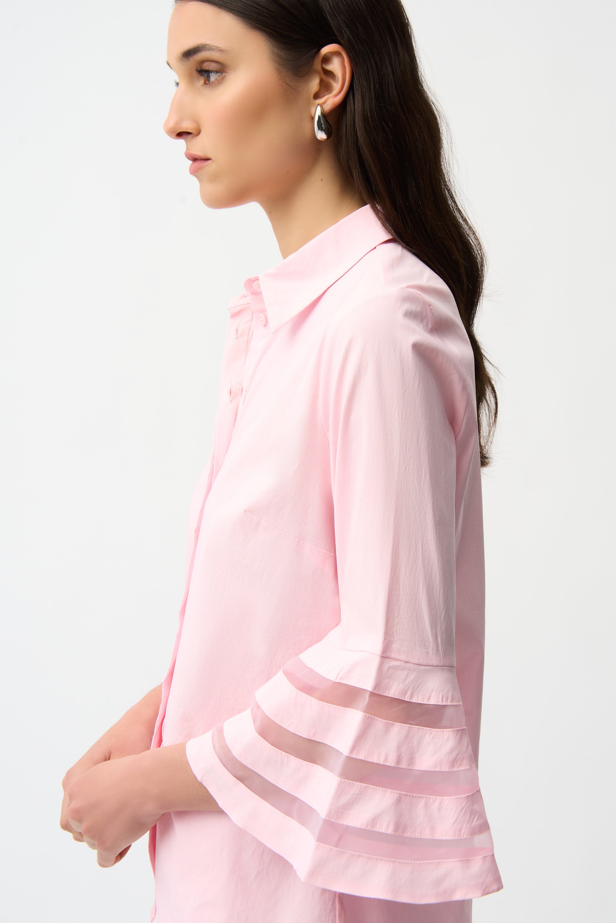 Stretch Poplin Straight Blouse with Organza Bell Sleeves