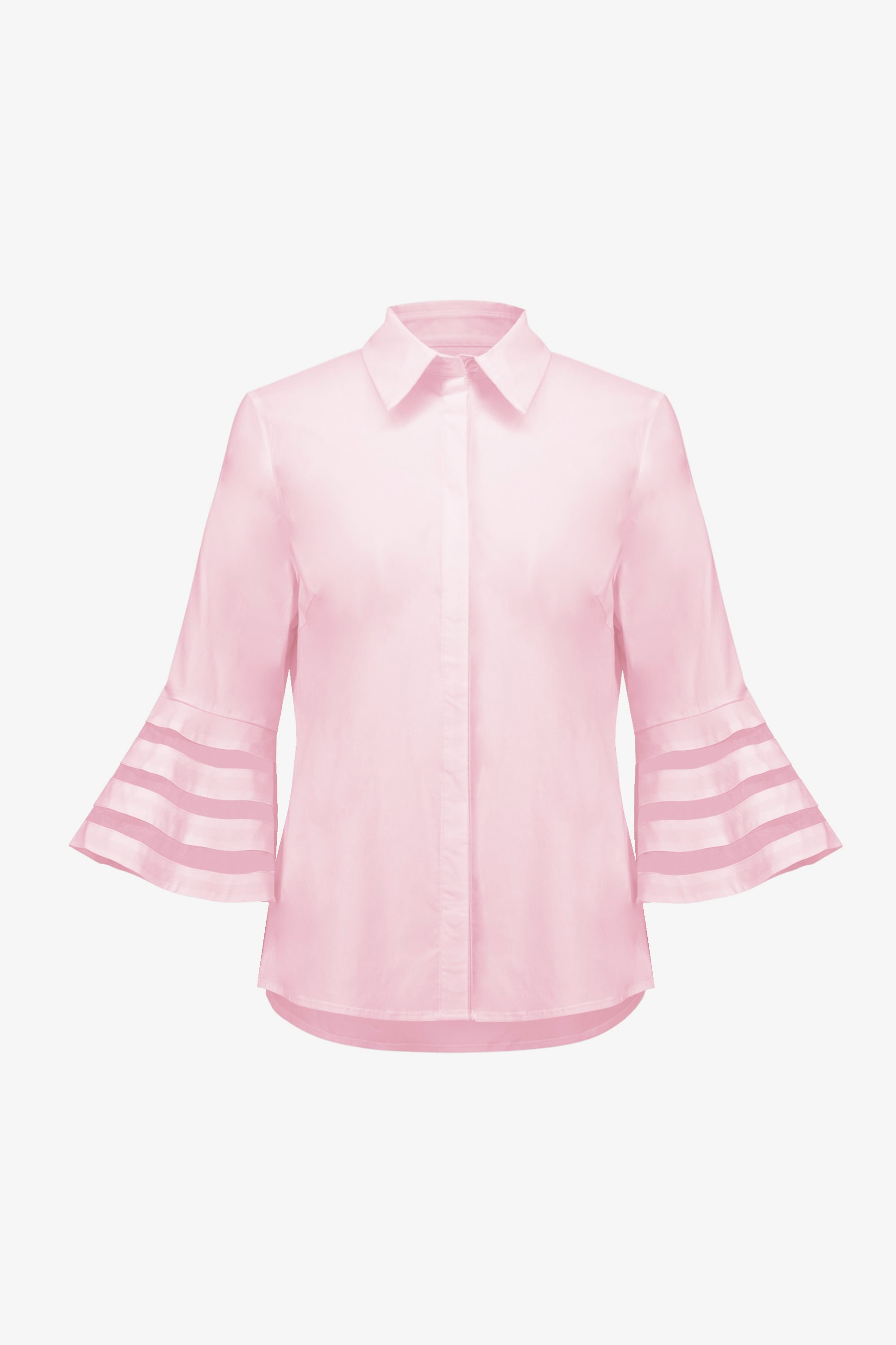 Stretch Poplin Straight Blouse with Organza Bell Sleeves