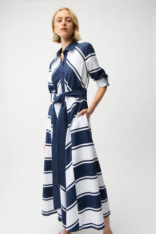 Joseph Ribkoff Cotton Stripe Print Fit and Flare Shirt Dress with Reversible Sash-261936