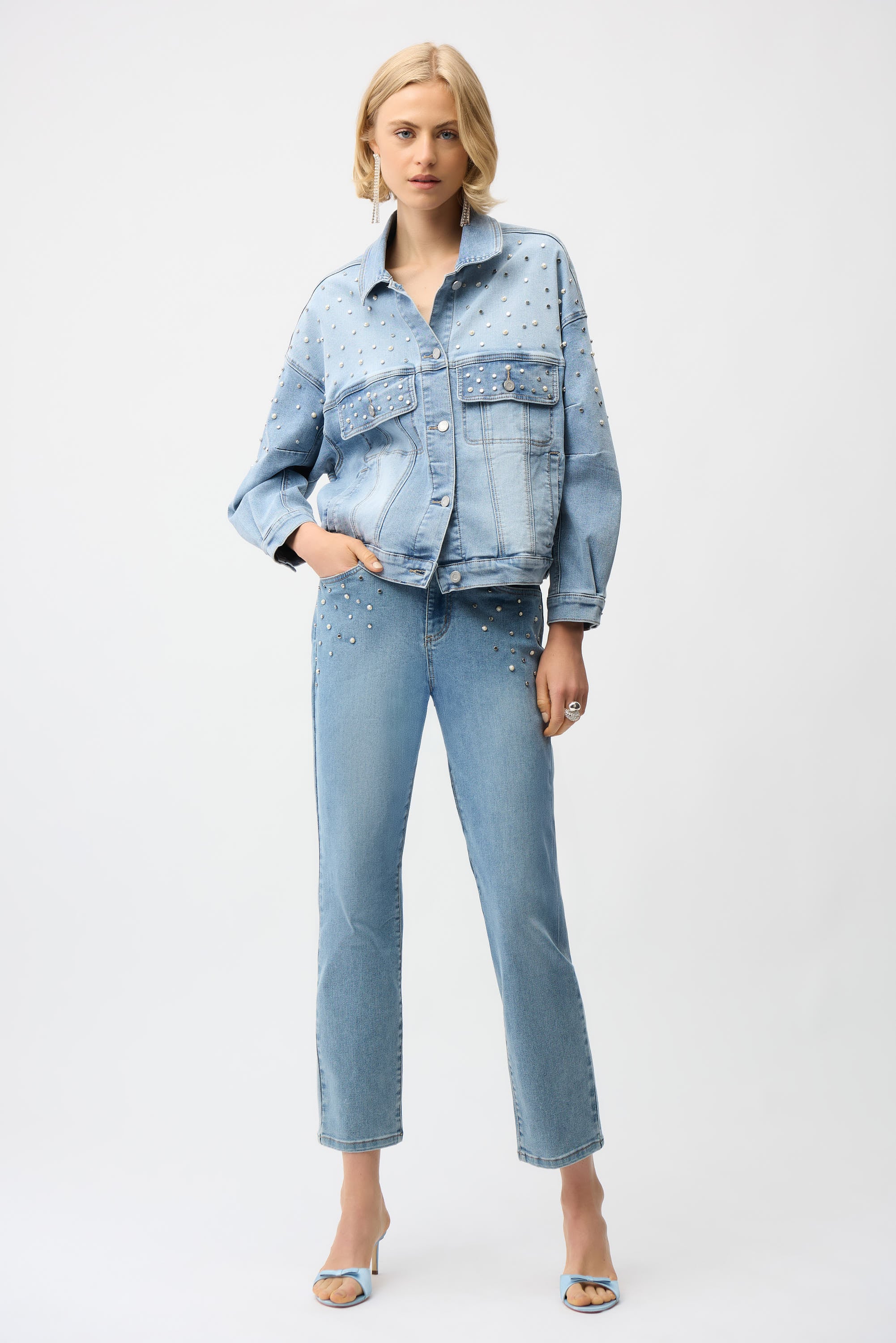 Denim Oversized Jacket With Pearls and Studs