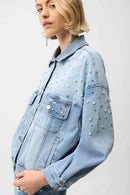 Joseph Ribkoff Denim Oversized Jacket With Pearls and Studs-261946