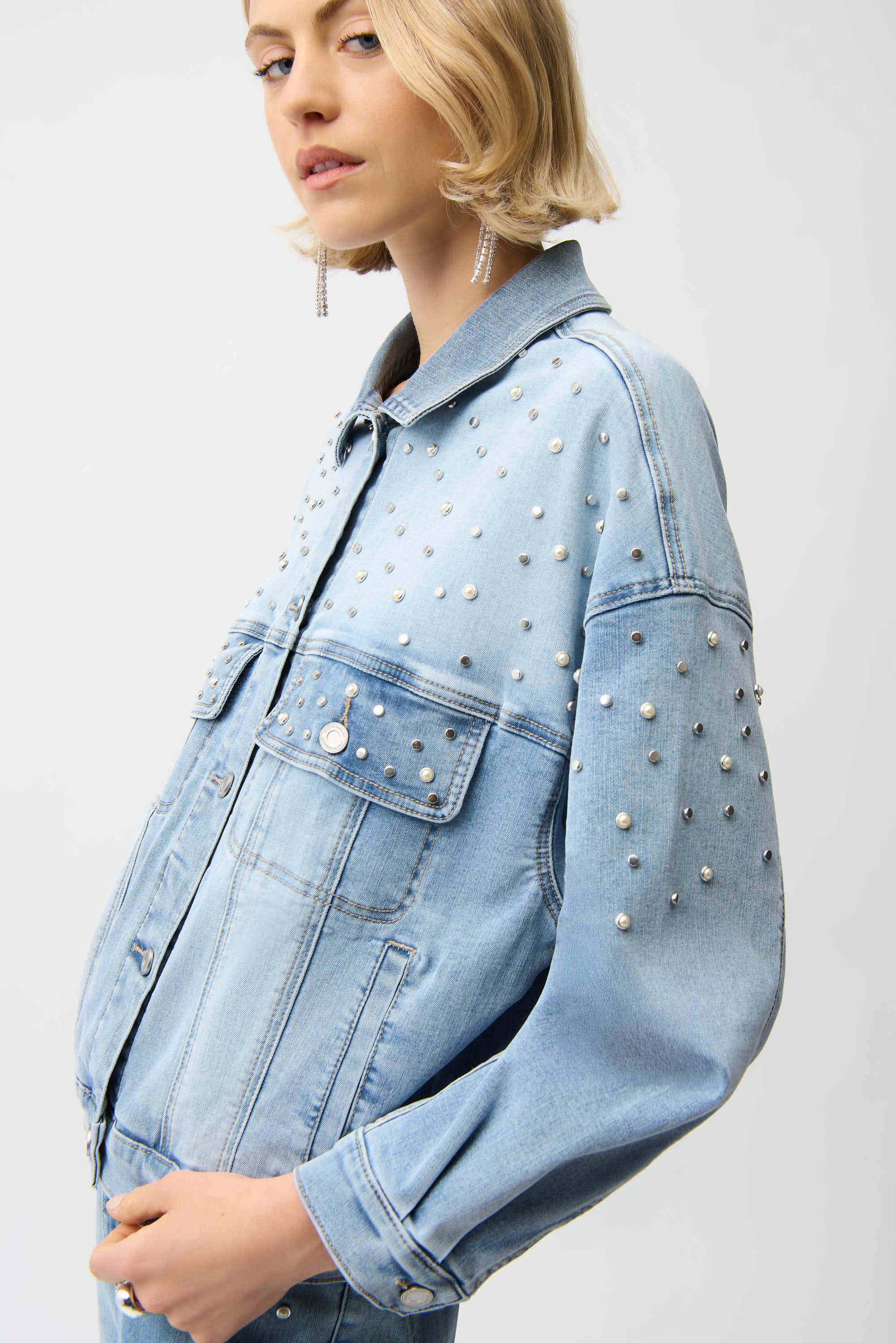 Joseph Ribkoff Denim Oversized Jacket With Pearls and Studs-261946
