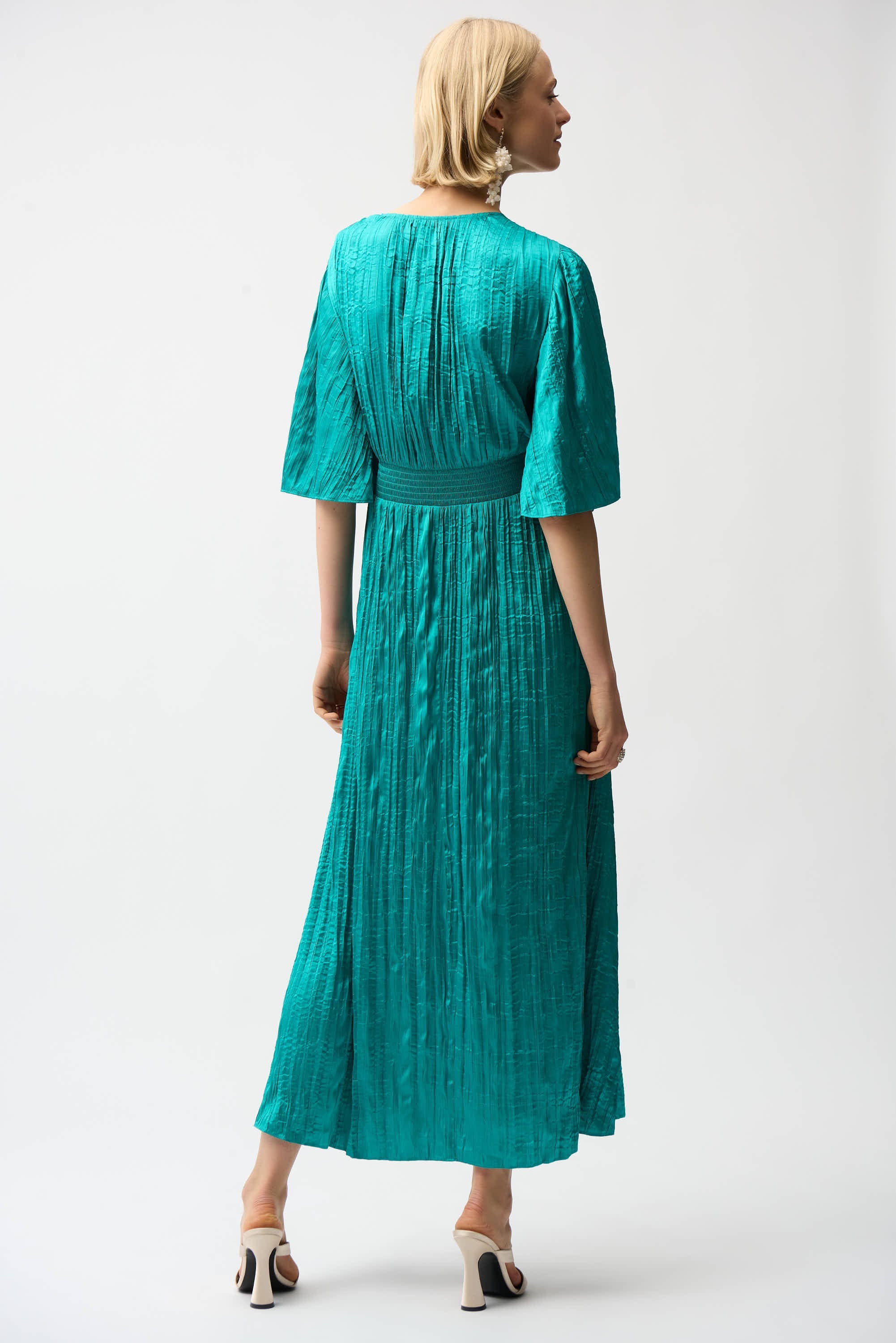 Satin Fit and Flare Pleated Dress with Knot Waist Detail