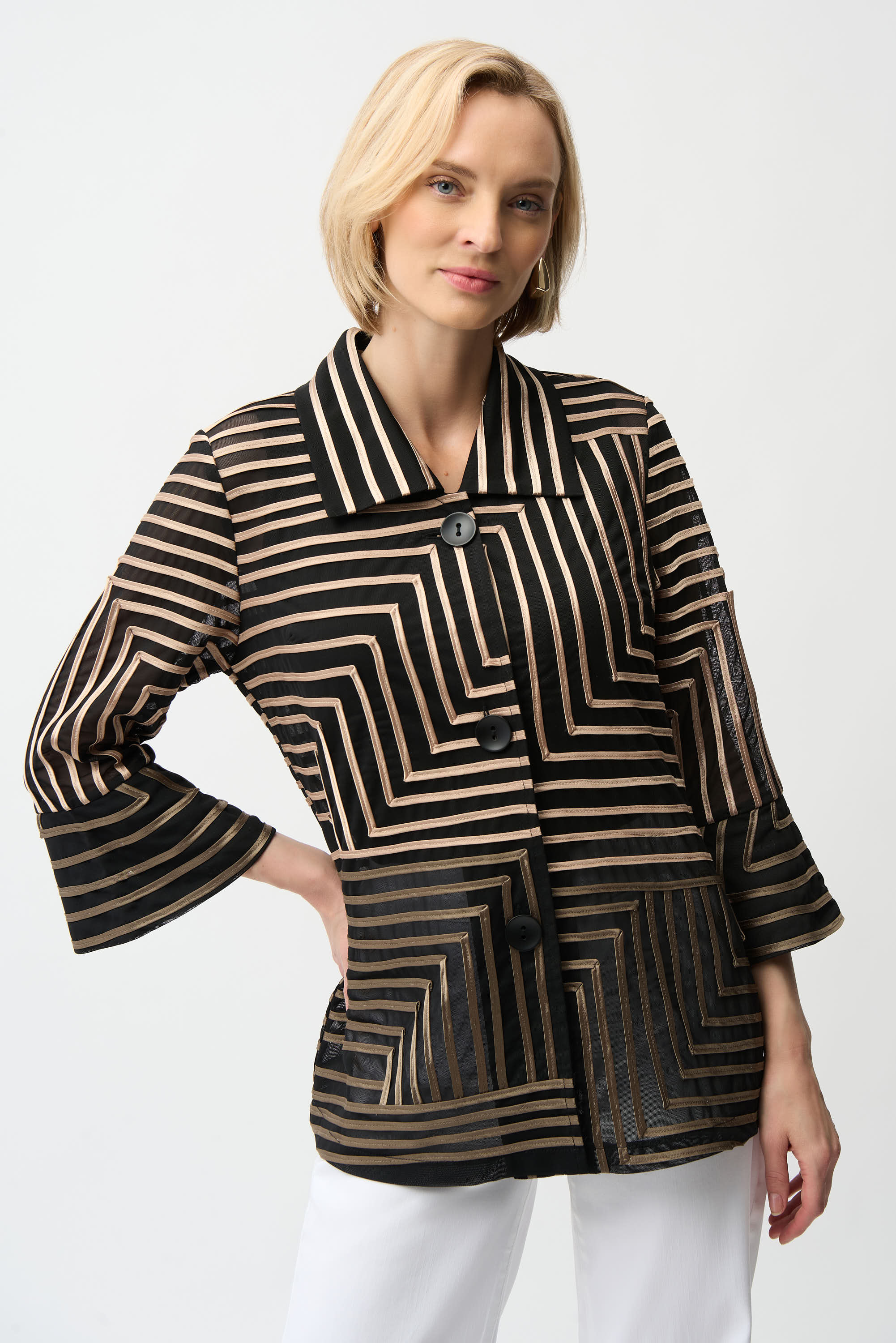 Satin And Mesh Abstract Print Jacket With Bell Sleeve
