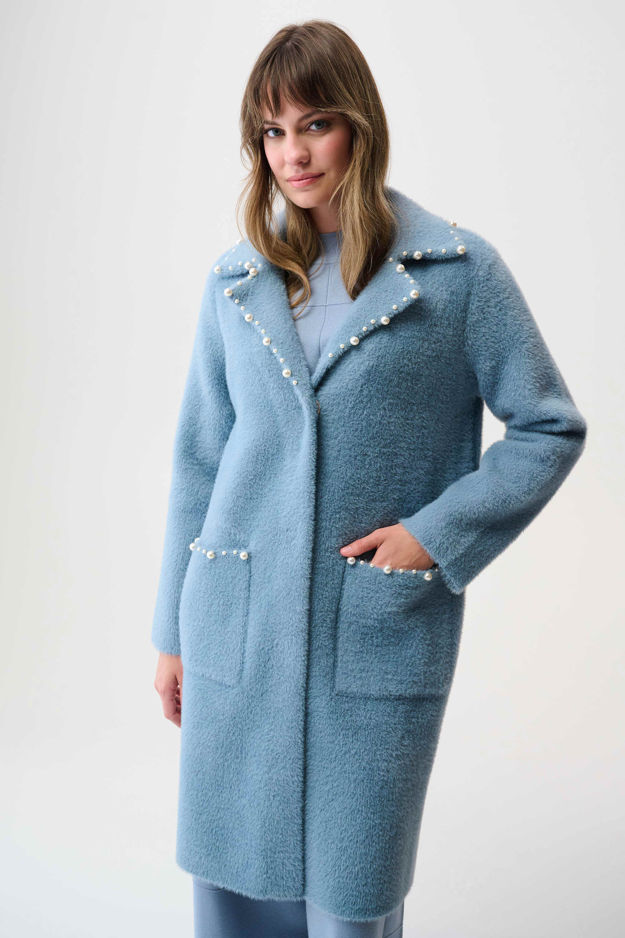 Joseph Ribkoff Feather Yarn Sweater Coat with Pearl Trim-261997