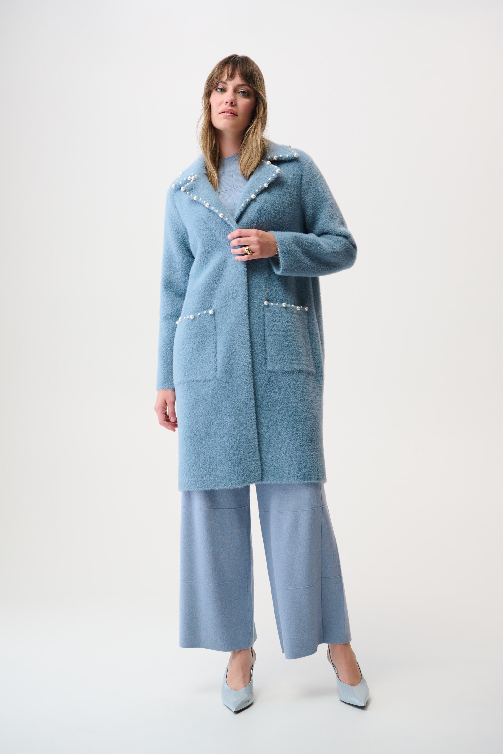 Feather Yarn Sweater Coat with Pearl Trim