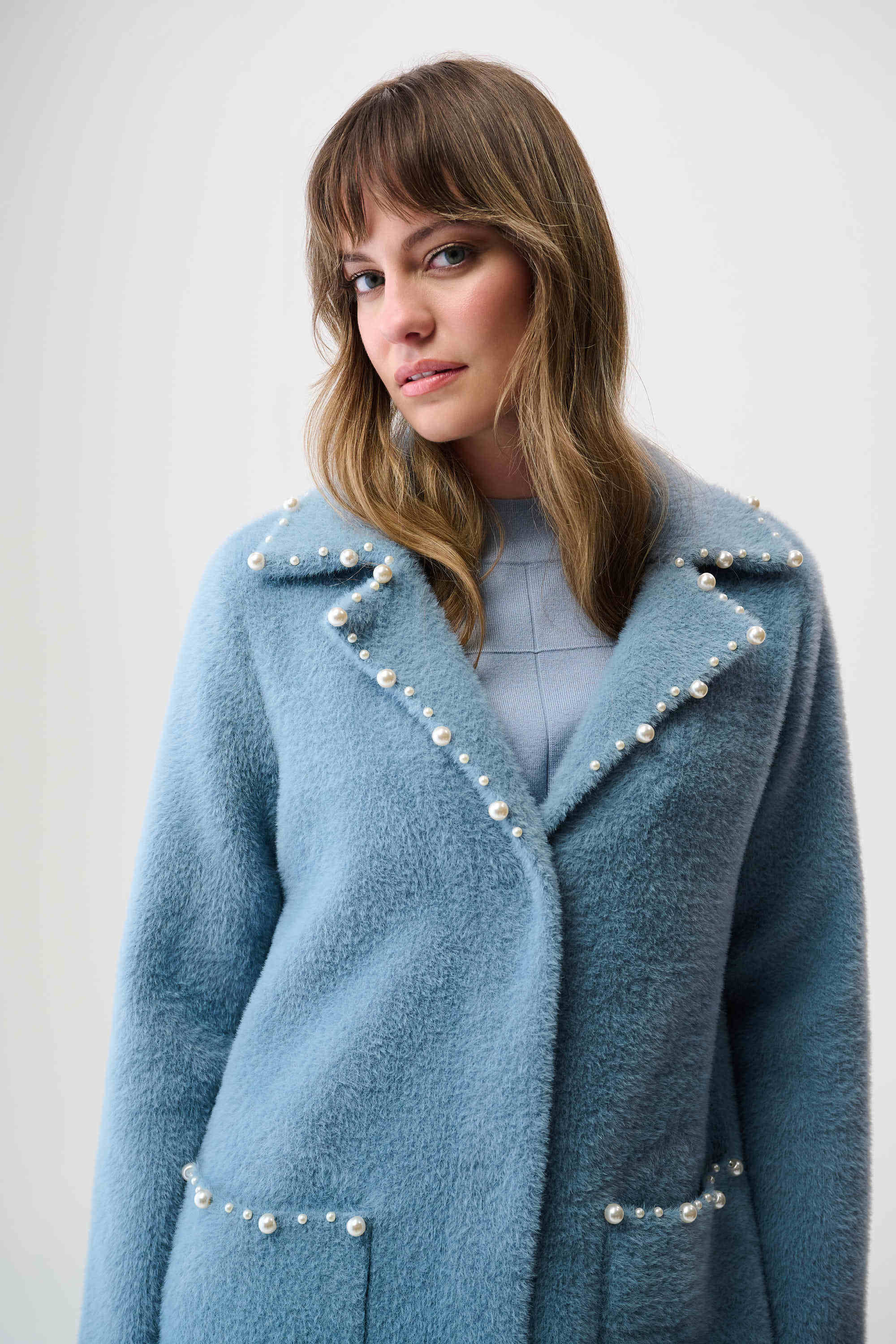Joseph Ribkoff Feather Yarn Sweater Coat with Pearl Trim-261997