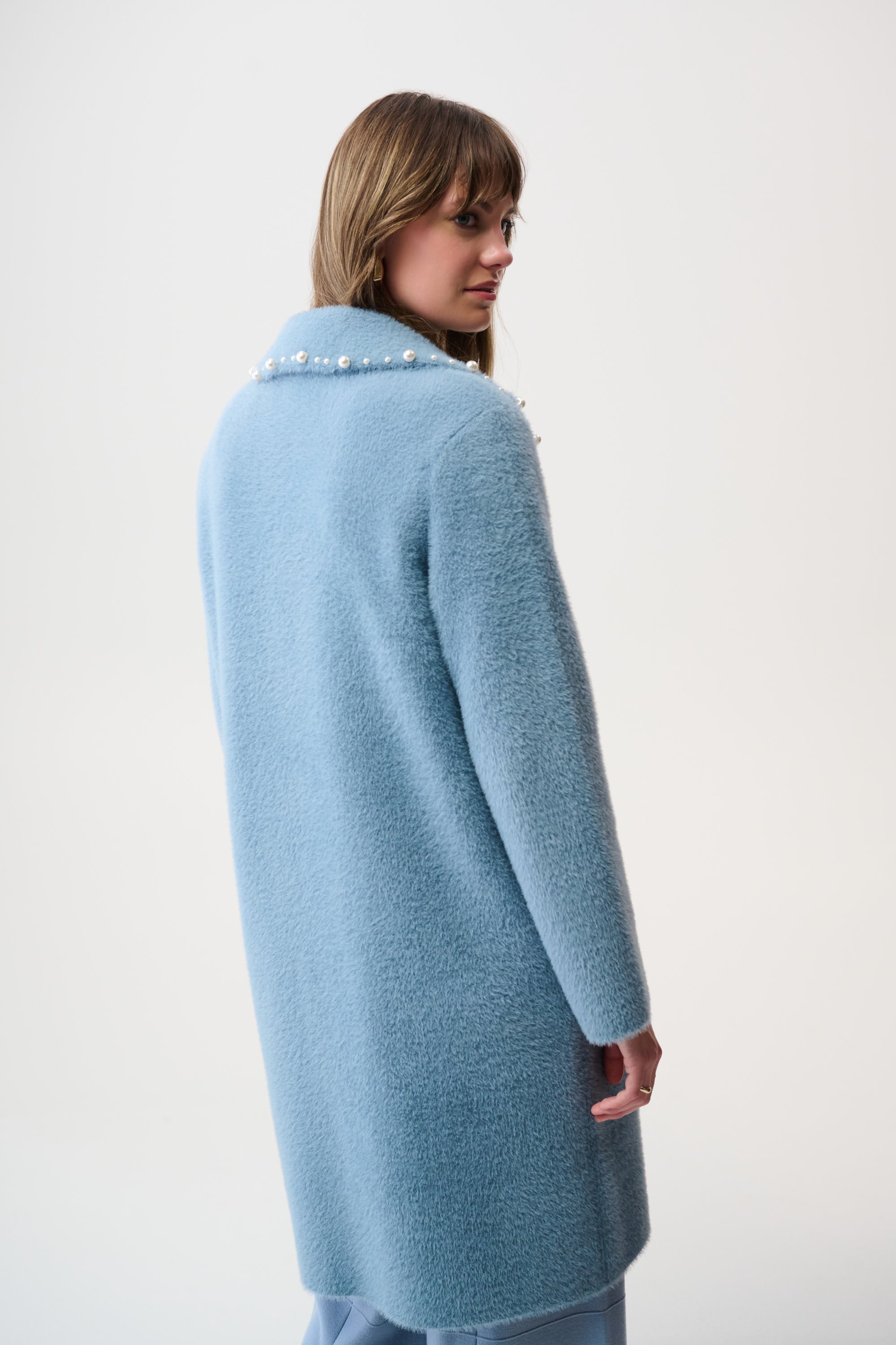 Feather Yarn Sweater Coat with Pearl Trim