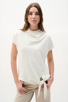 Woven Twill Boxy Top With Cowl Neck