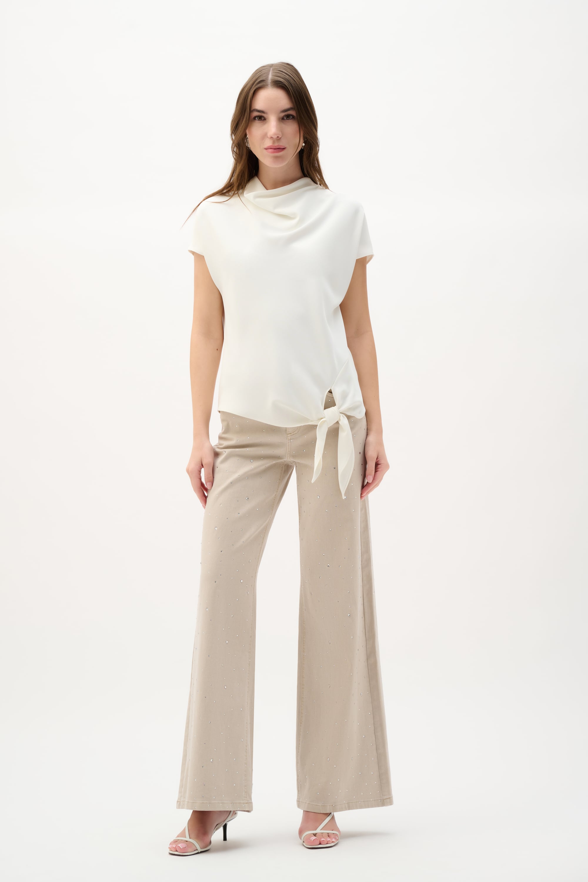Woven Twill Boxy Top With Cowl Neck