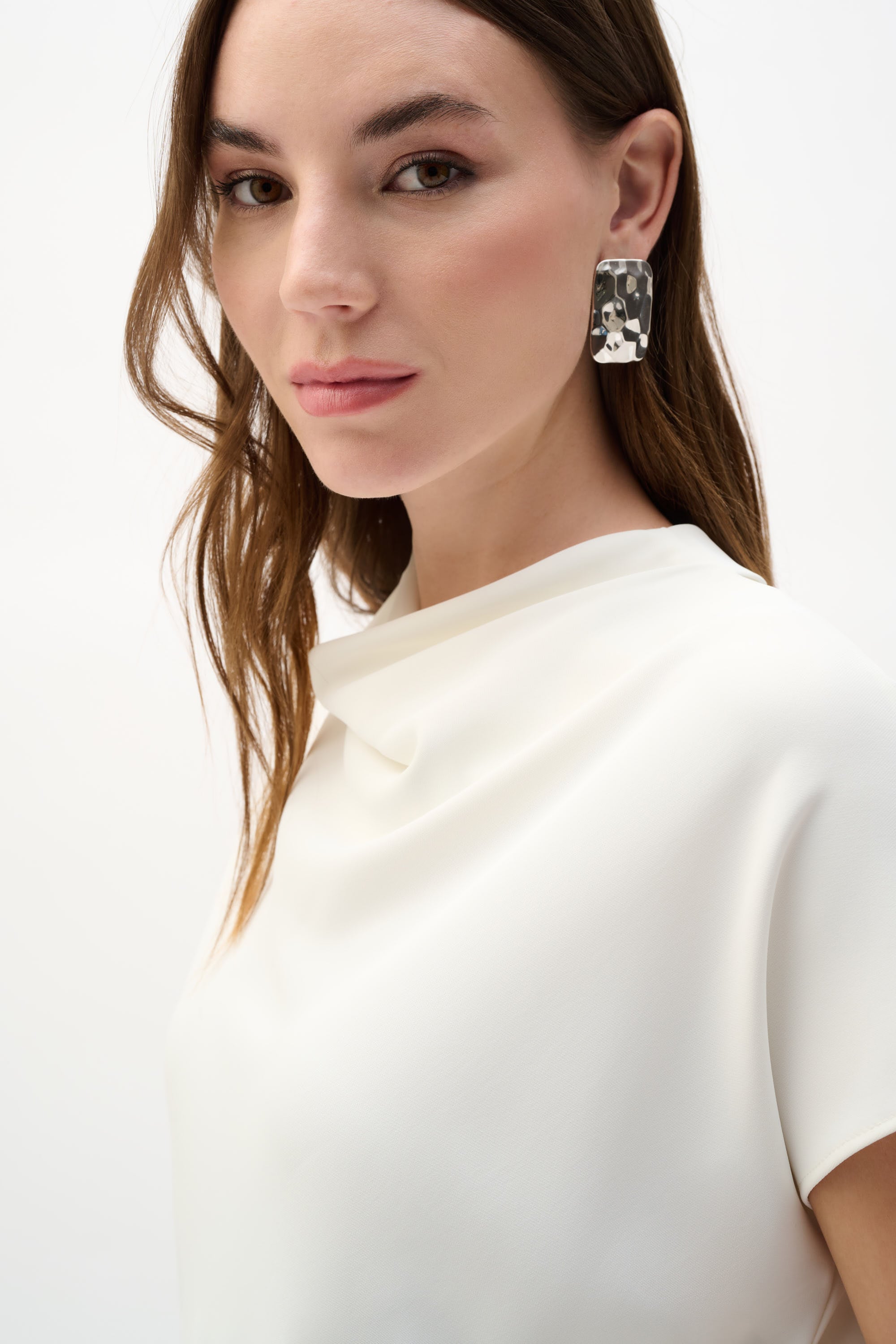 Woven Twill Boxy Top With Cowl Neck