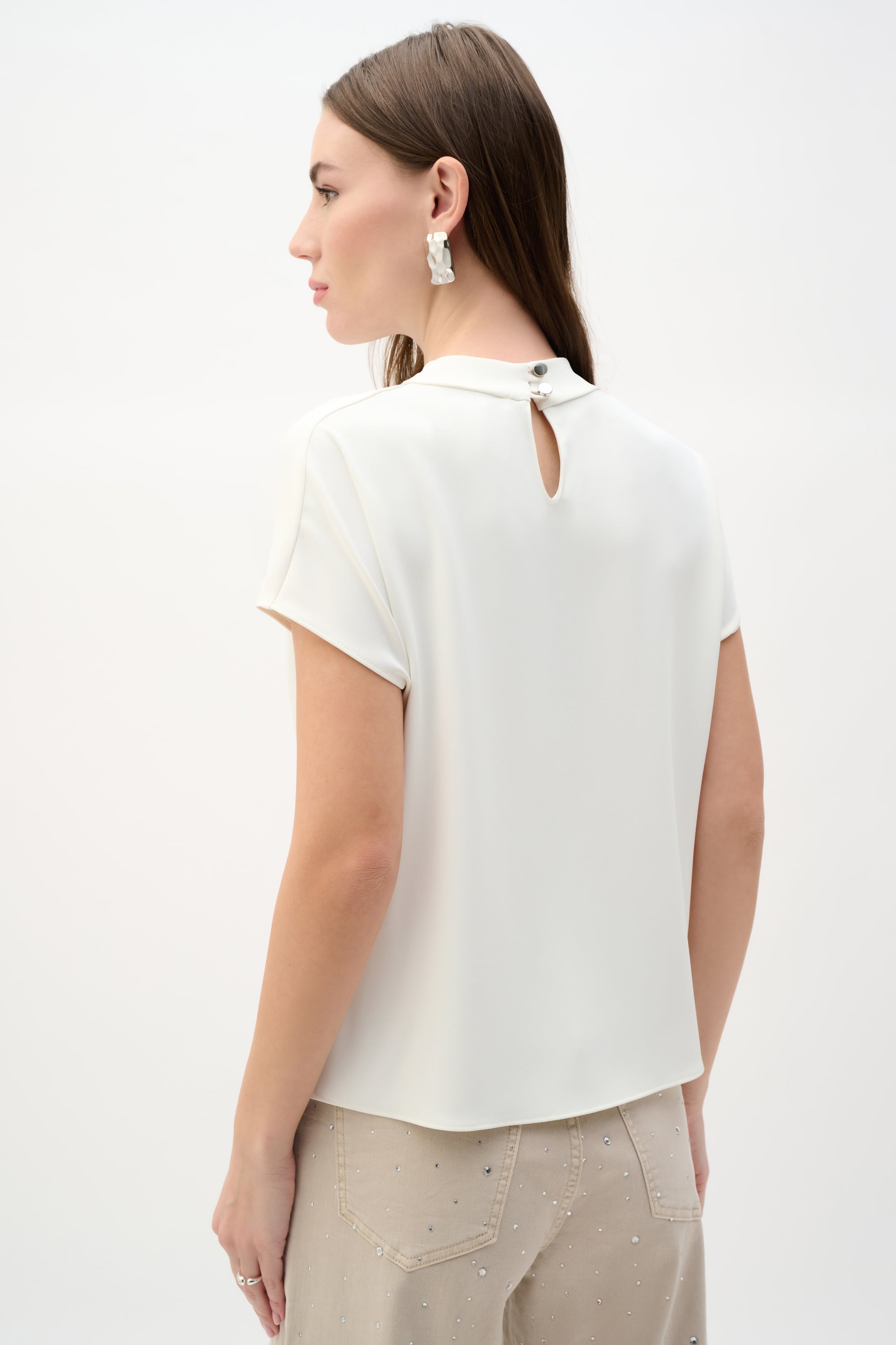 Woven Twill Boxy Top With Cowl Neck