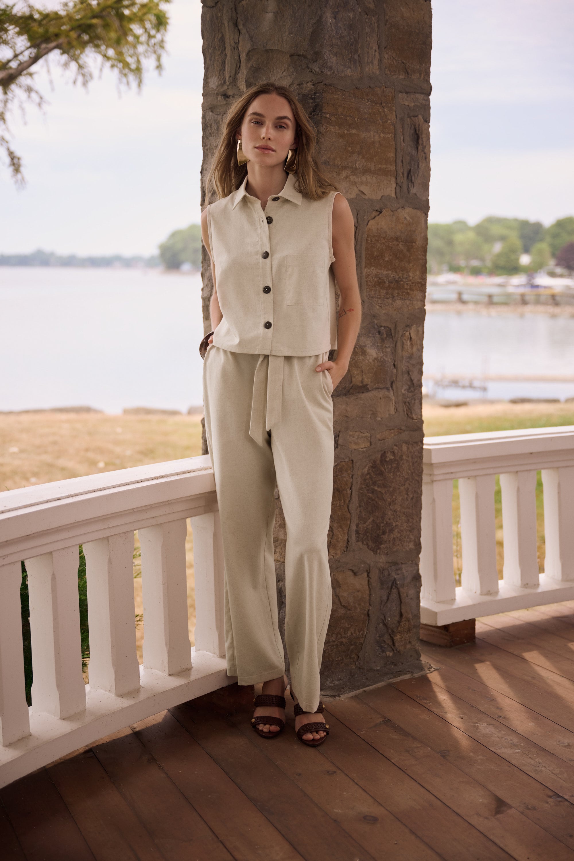 Linen Woven Pull-On Wide Leg Pants