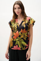 Satin Tropical Print Top With Butterfly Sleeves