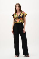 Satin Tropical Print Top With Butterfly Sleeves