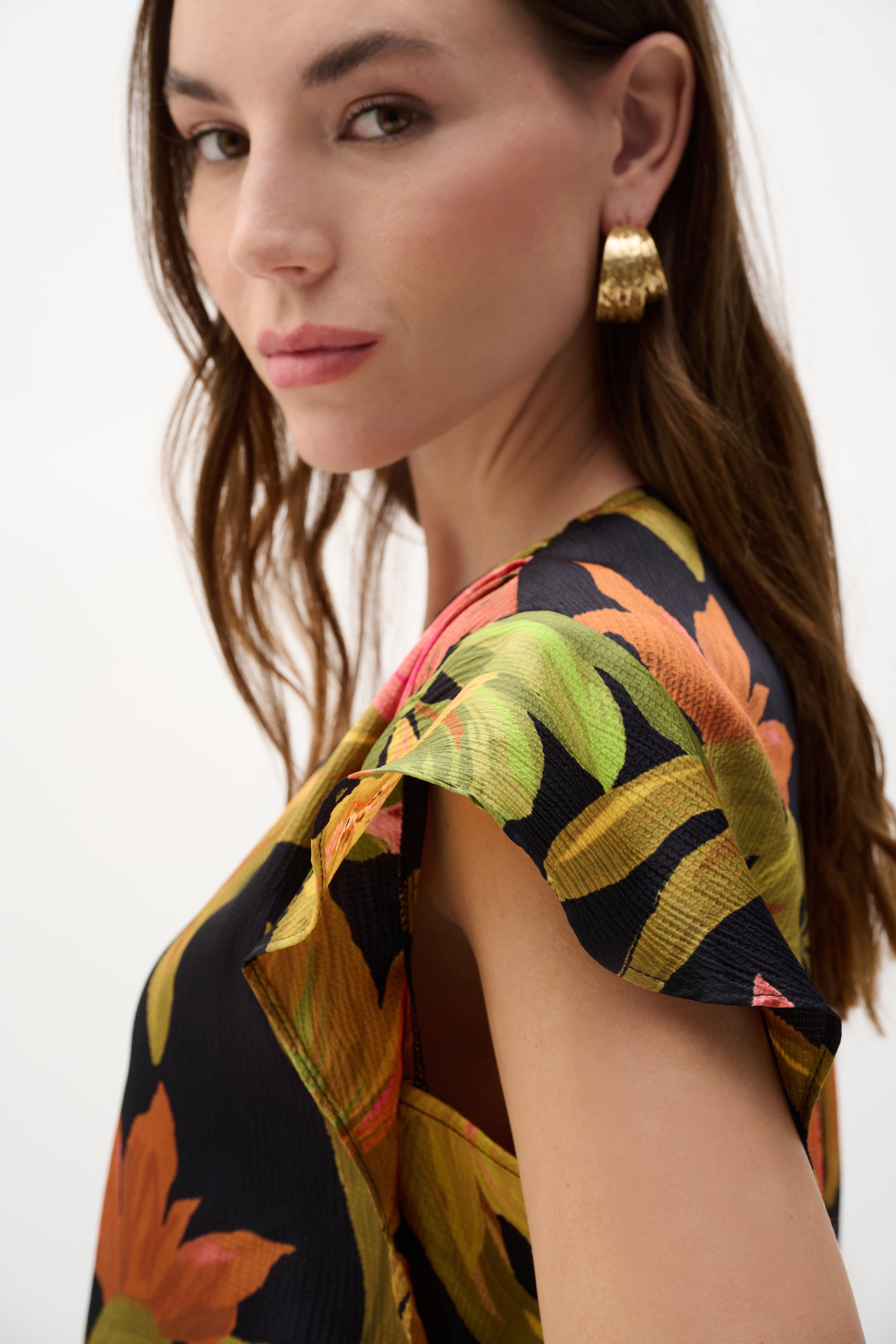 Satin Tropical Print Top With Butterfly Sleeves