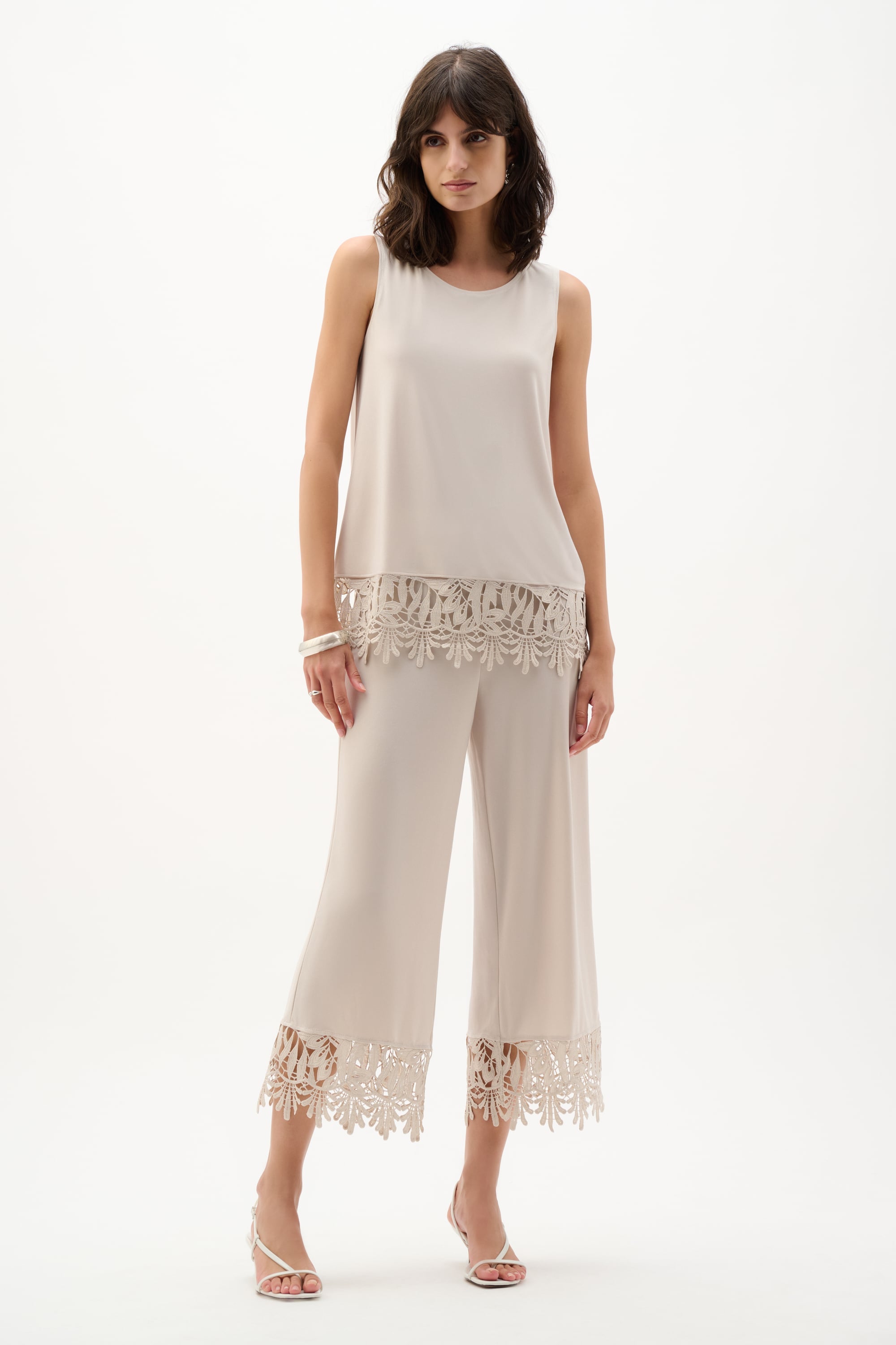Silky Knit Culotte Pants With Guipure Lace Hem