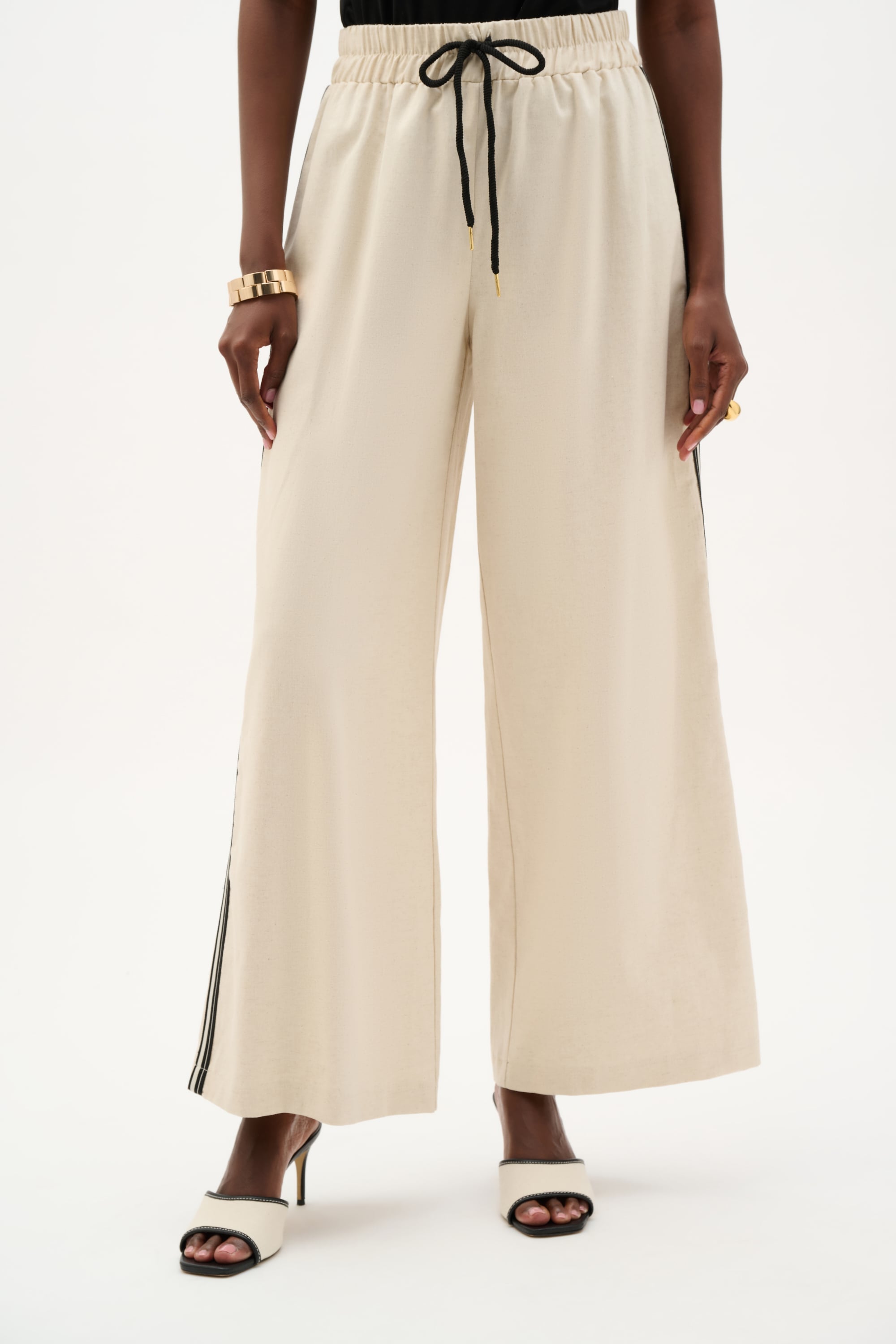 Woven Linen Wide Leg Pull-On Pants With Side Stripe