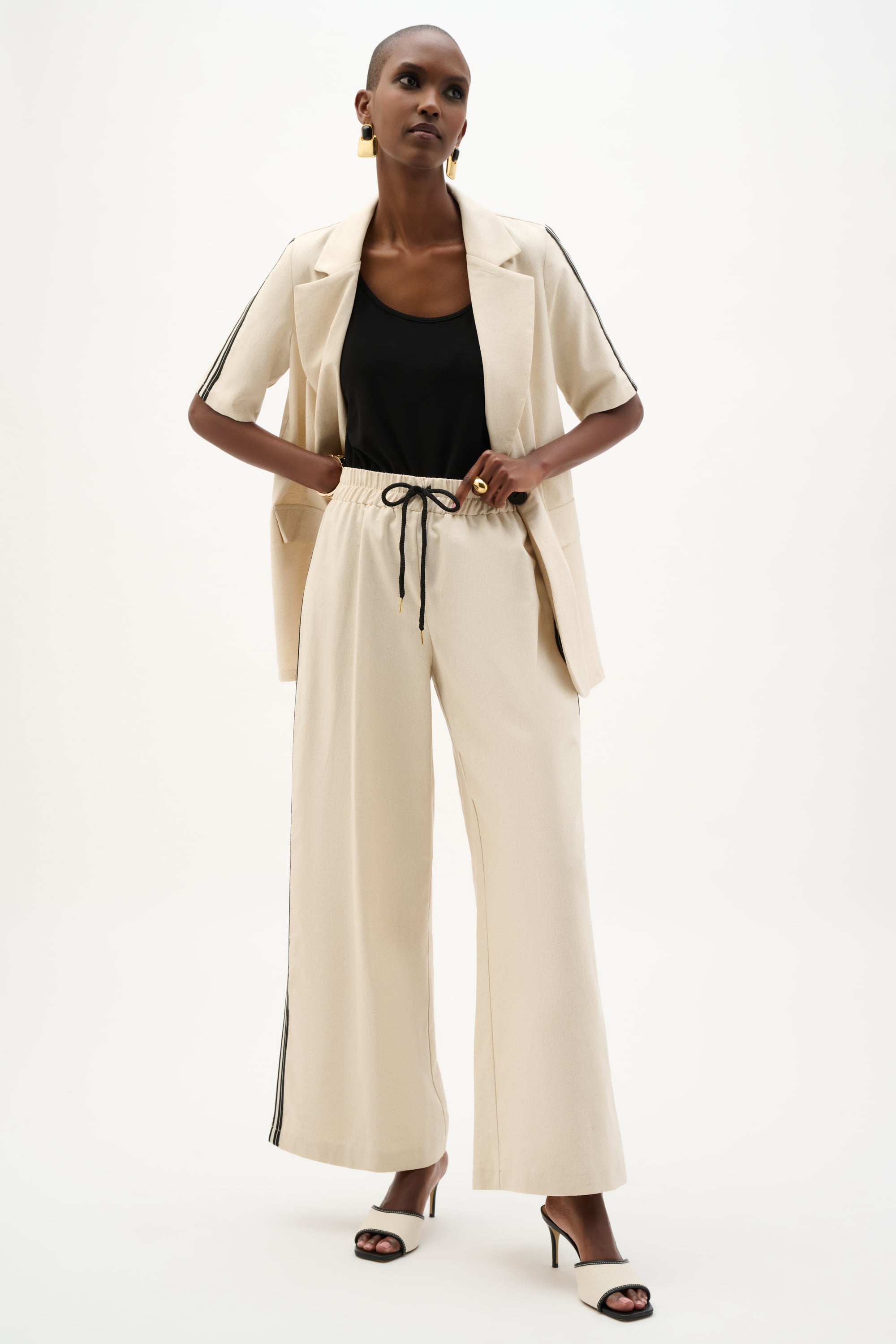 Woven Linen Wide Leg Pull-On Pants With Side Stripe