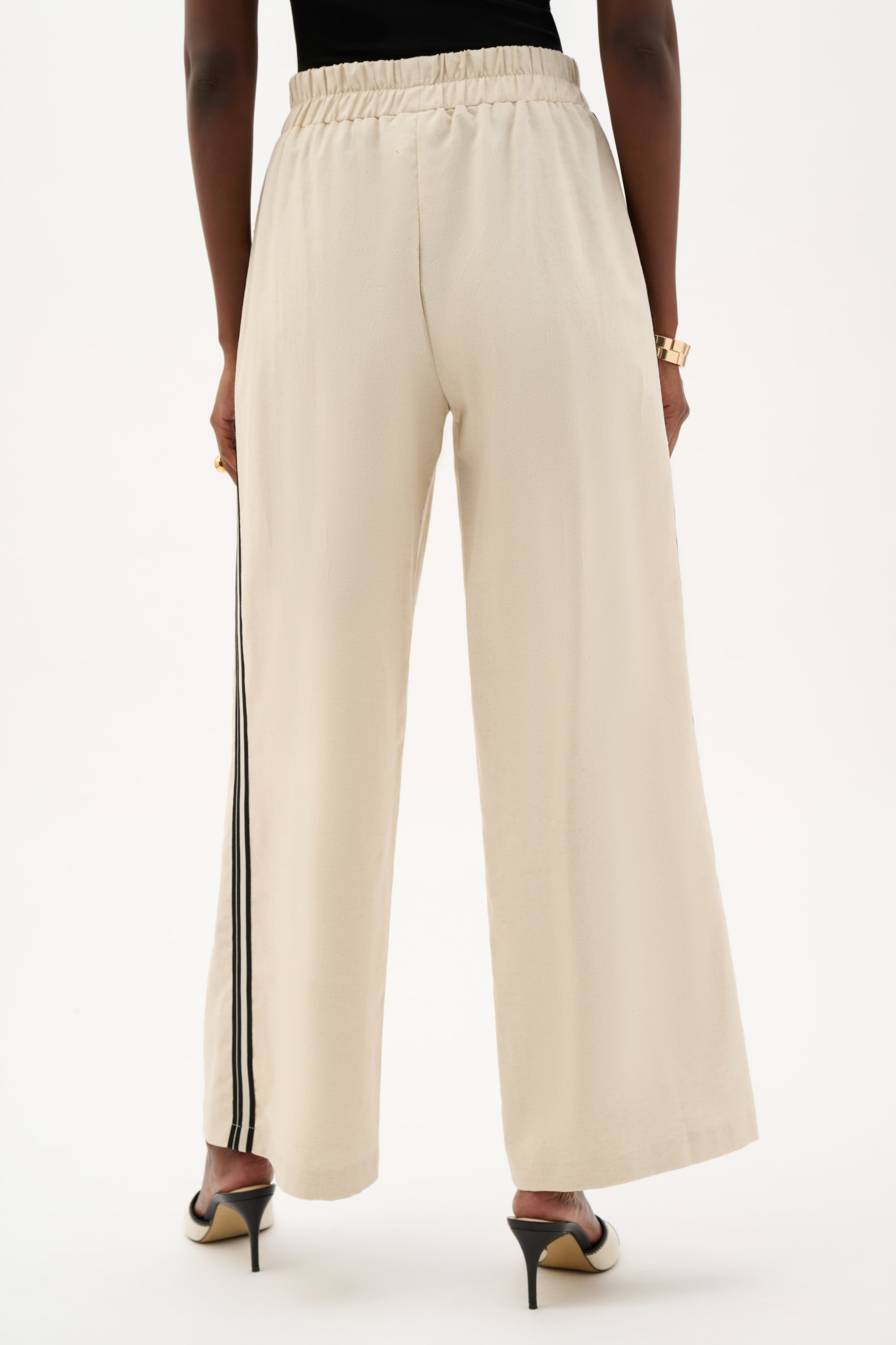 Woven Linen Wide Leg Pull-On Pants With Side Stripe