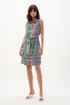 Woven Stripe Print Straight Dress With Waist Sash