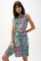Woven Stripe Print Straight Dress With Waist Sash