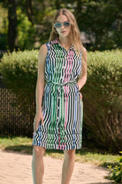 Woven Stripe Print Straight Dress With Waist Sash