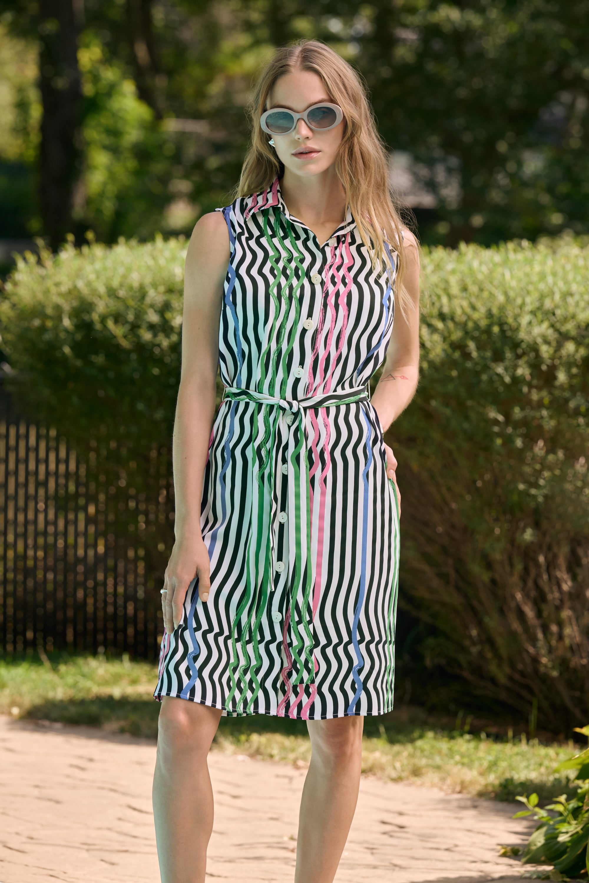 Woven Stripe Print Straight Dress With Waist Sash