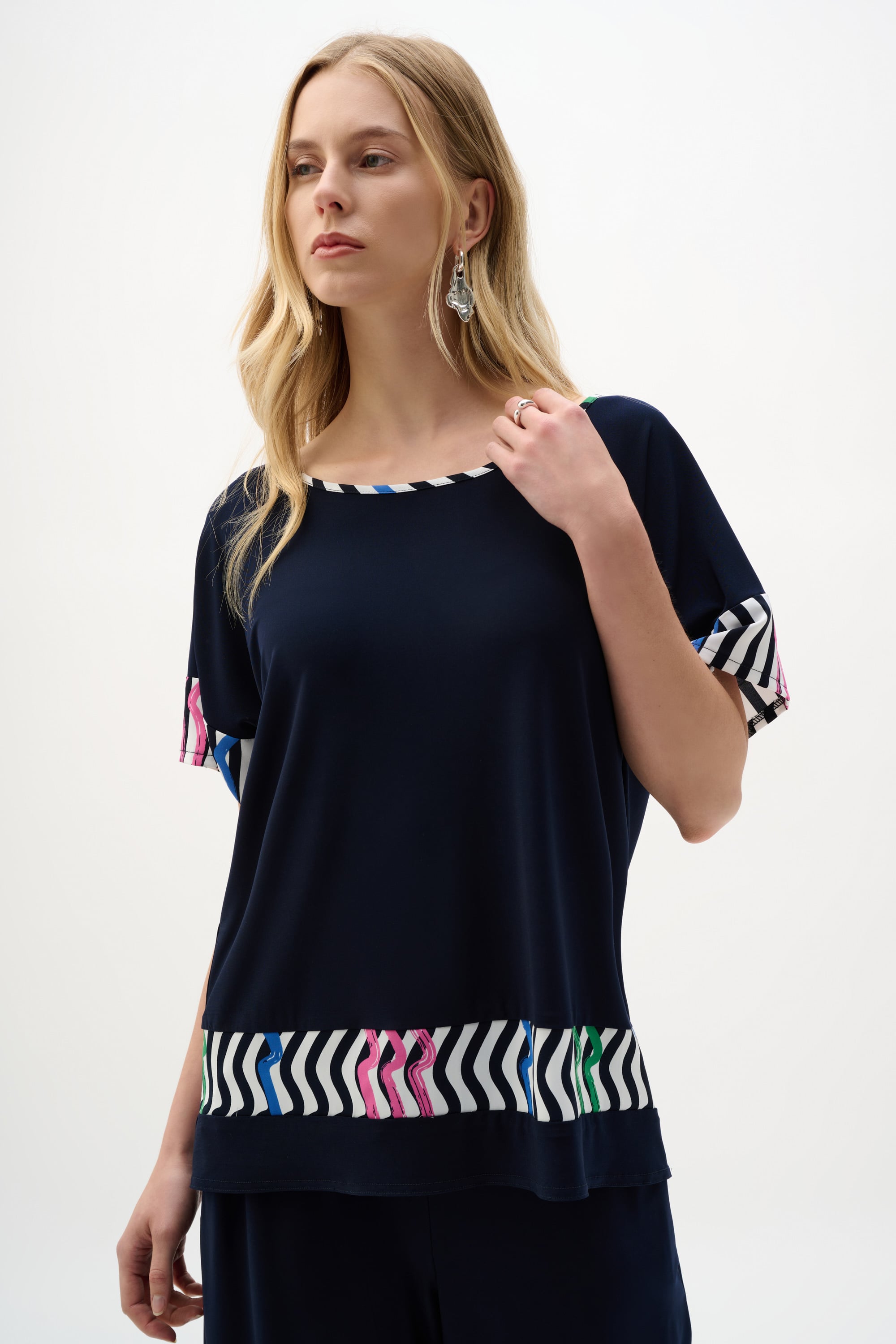 SIlky Knit And Woven Stripe Print Boxy Top