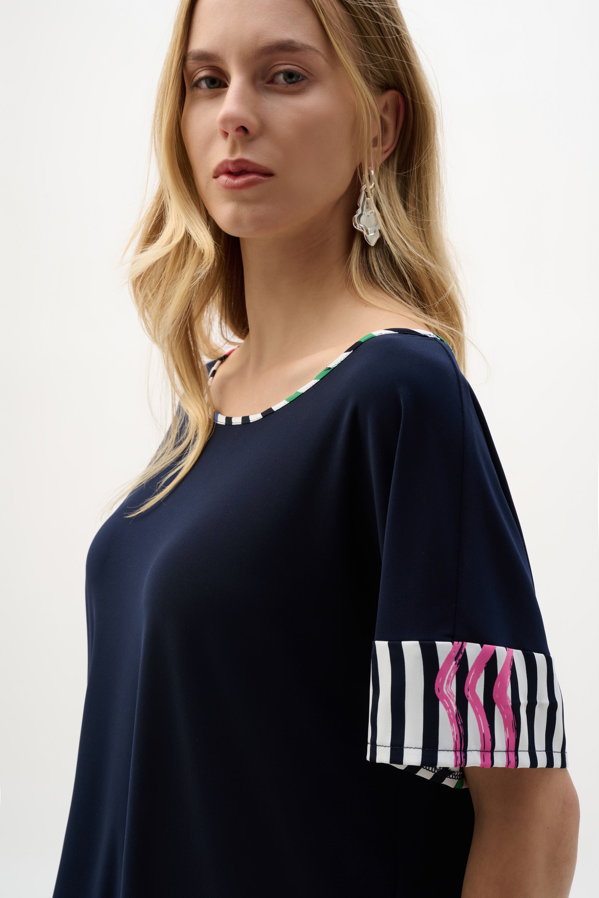 SIlky Knit And Woven Stripe Print Boxy Top